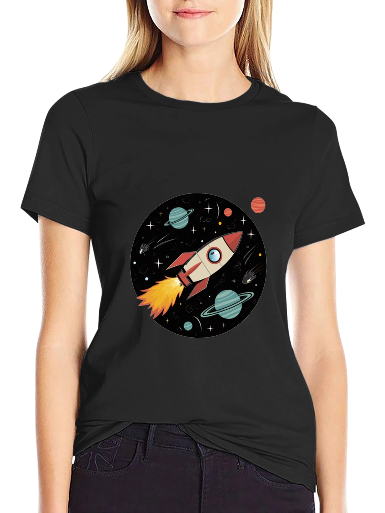 Black Space Rocket Graphic Black Tee view 2