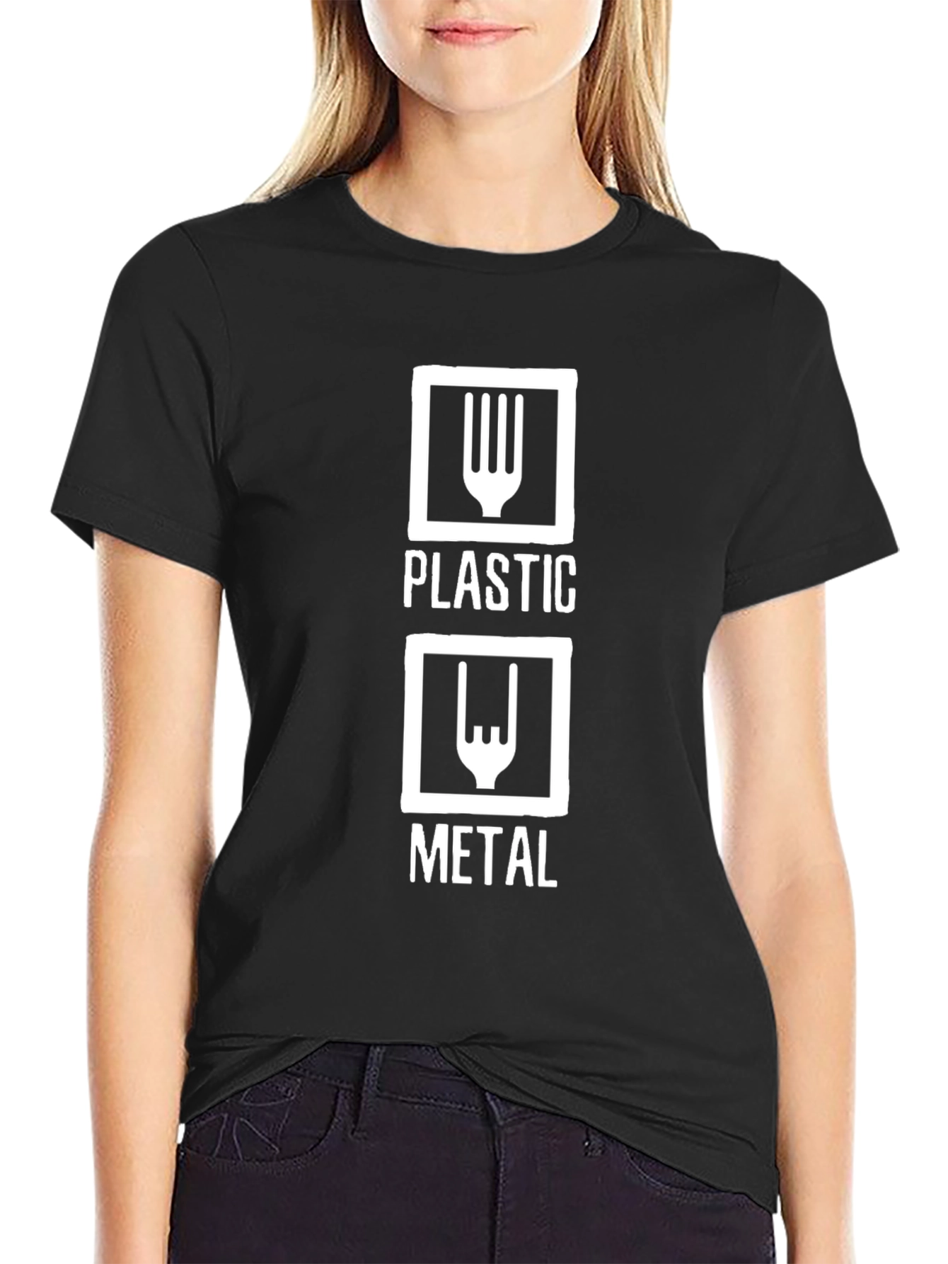 Black Plastic vs Metal T-Shirt - Funny Music Tee view 2