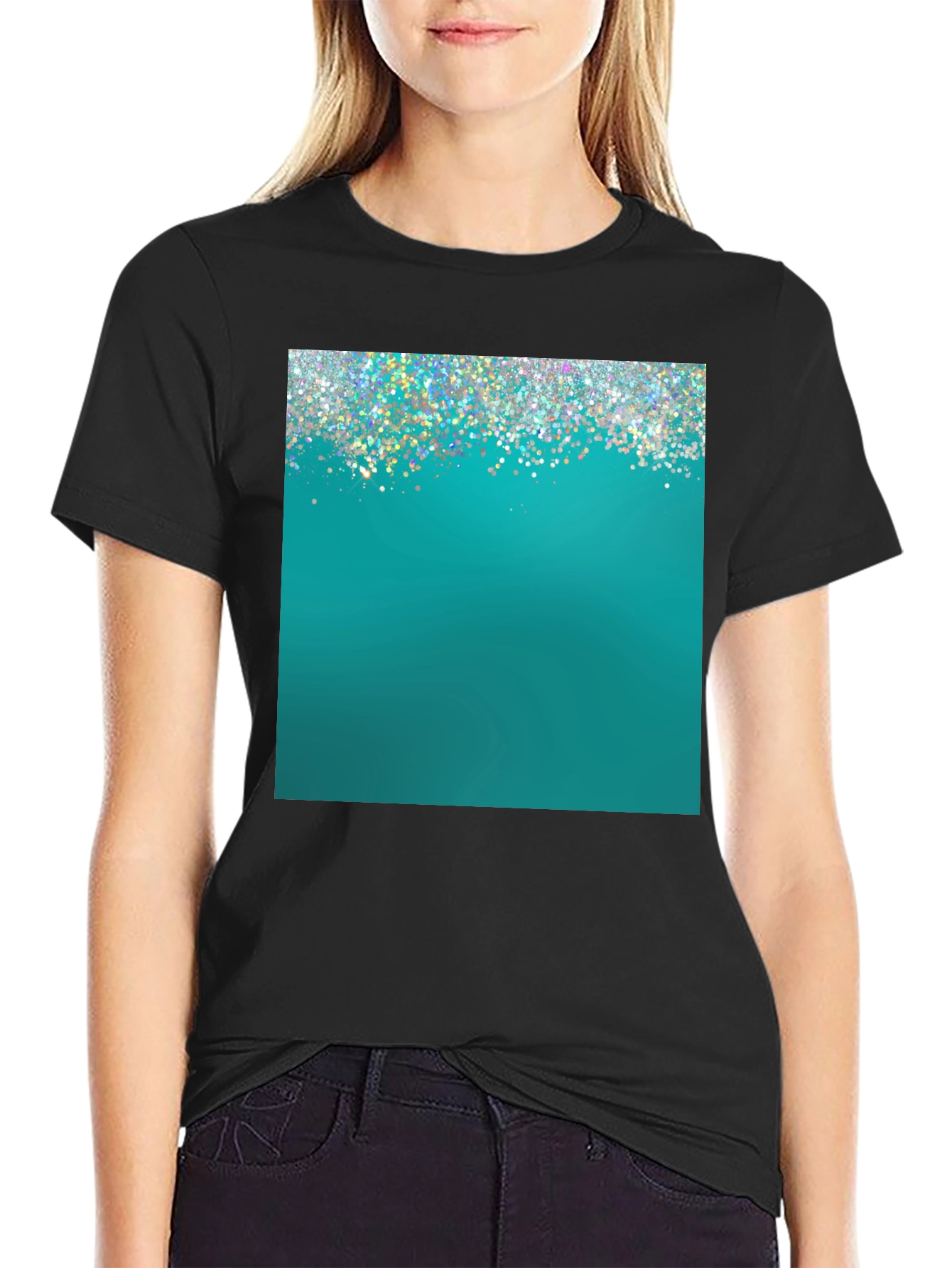 Black Teal Sparkle Graphic Tee - Modern Style view 2