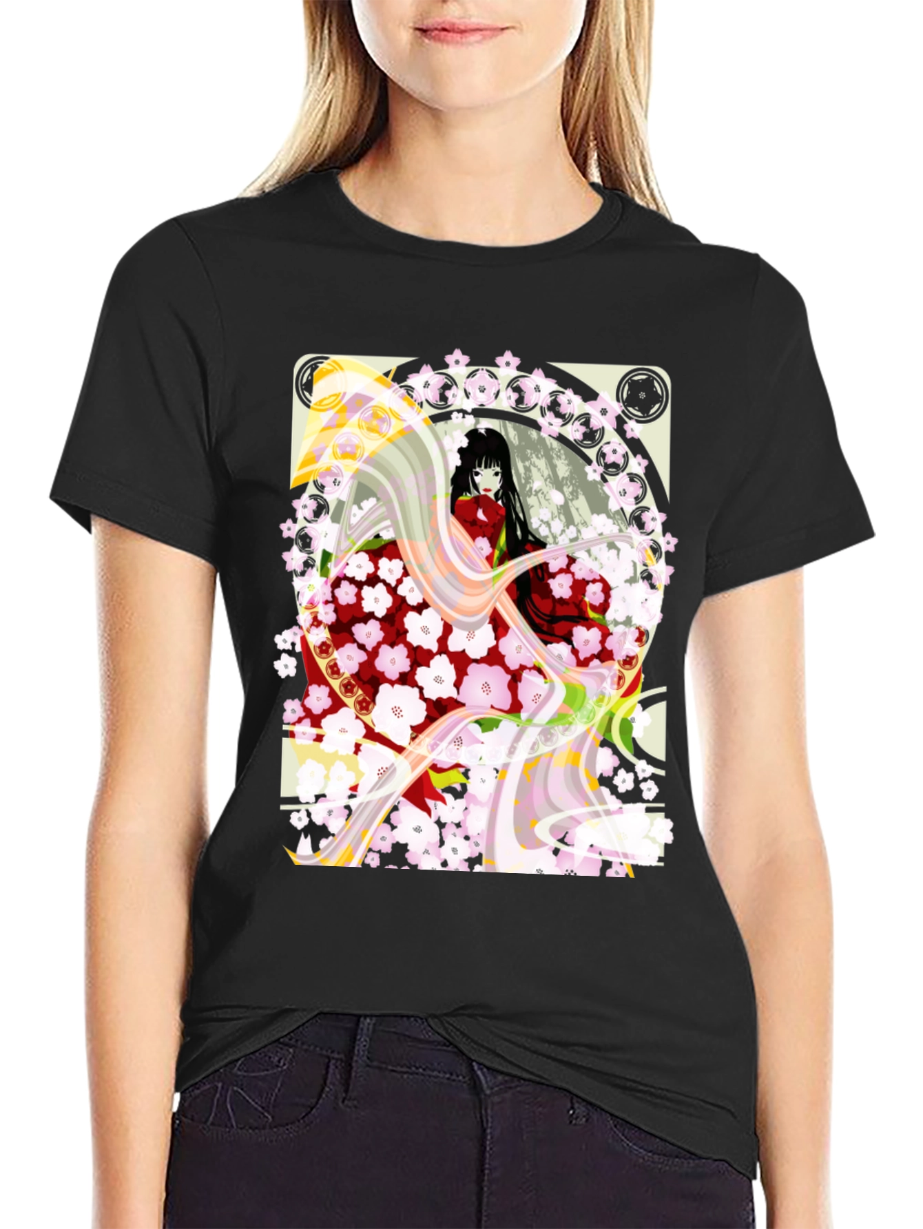 Anime Girl Cherry Blossom Black T-Shirt - 2