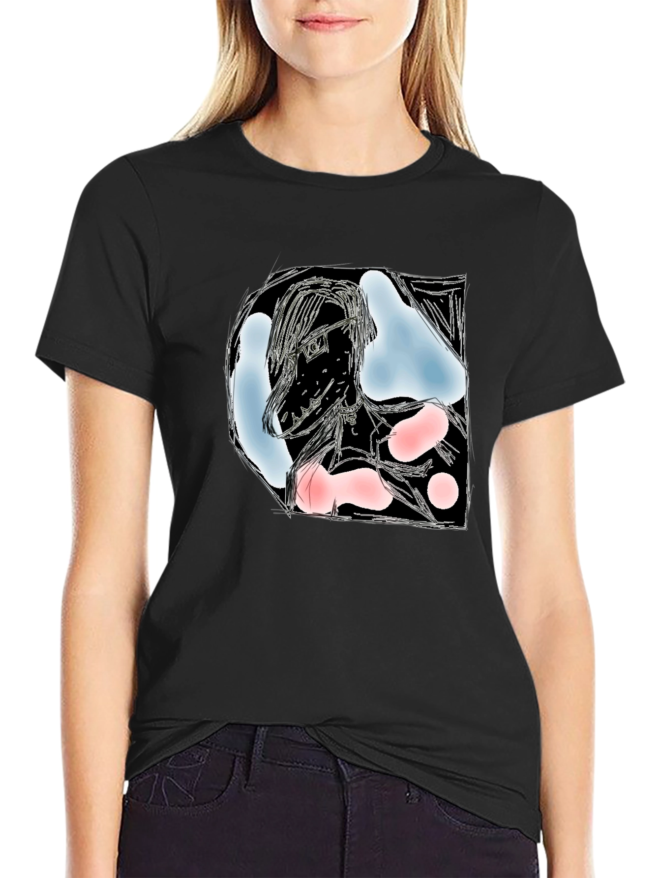Black Artistic Graphic Print Black T-Shirt - Modern Abstract Design view 2