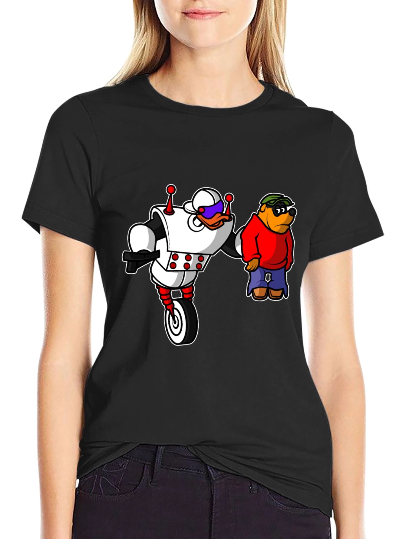 Black Robot Duck and Cartoon Bear Graphic T-Shirt view 2