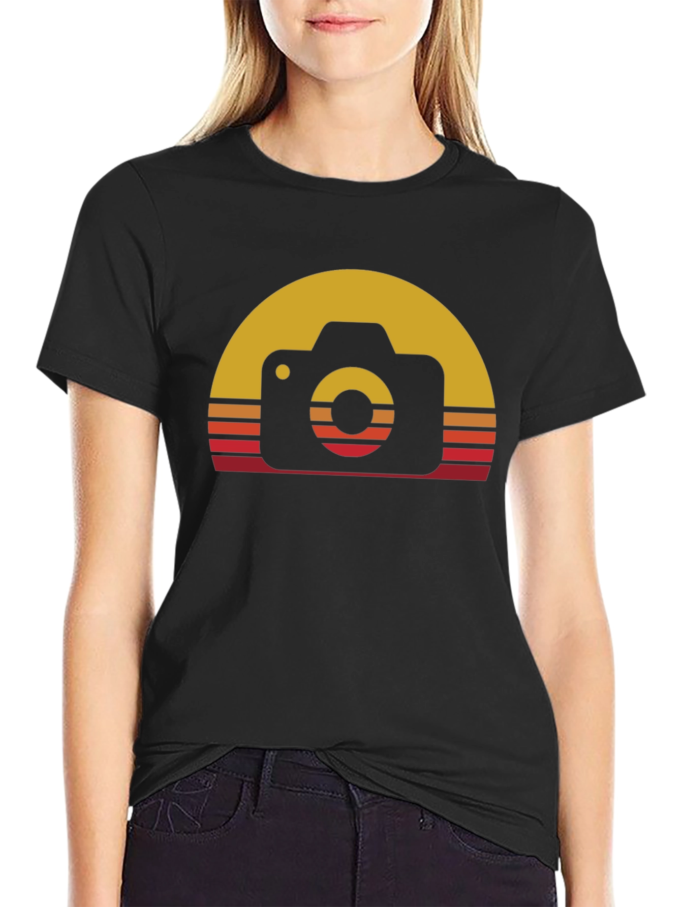 Black Retro Camera Sunset Graphic Tee - Black Cotton Blend view 2