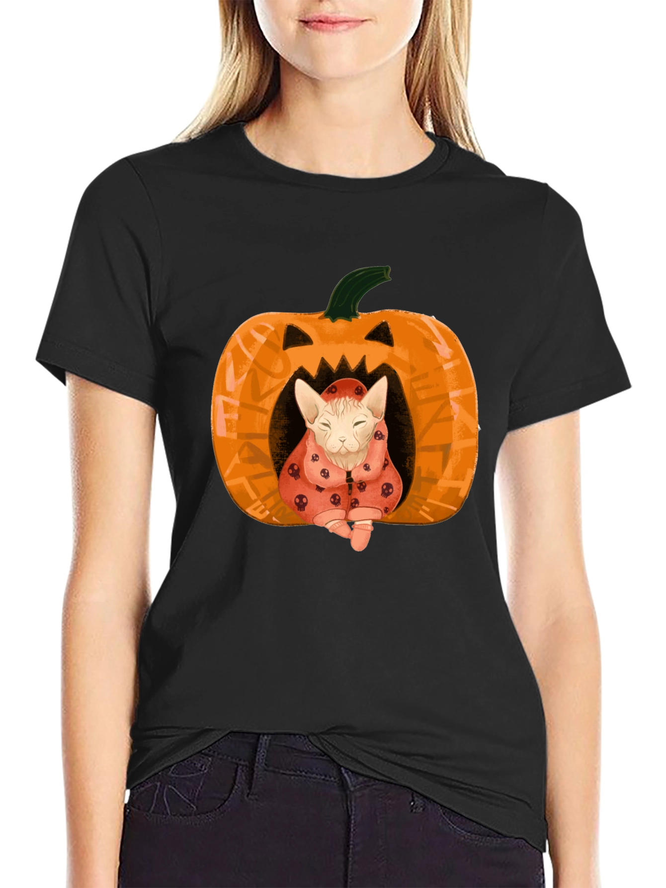 Black Halloween Cat Pumpkin T-Shirt - Spooky Cute! view 2