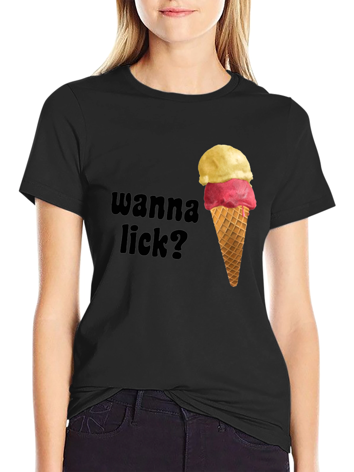 Black Ice Cream Graphic Tee - Wanna Lick? Novelty Shirt view 2