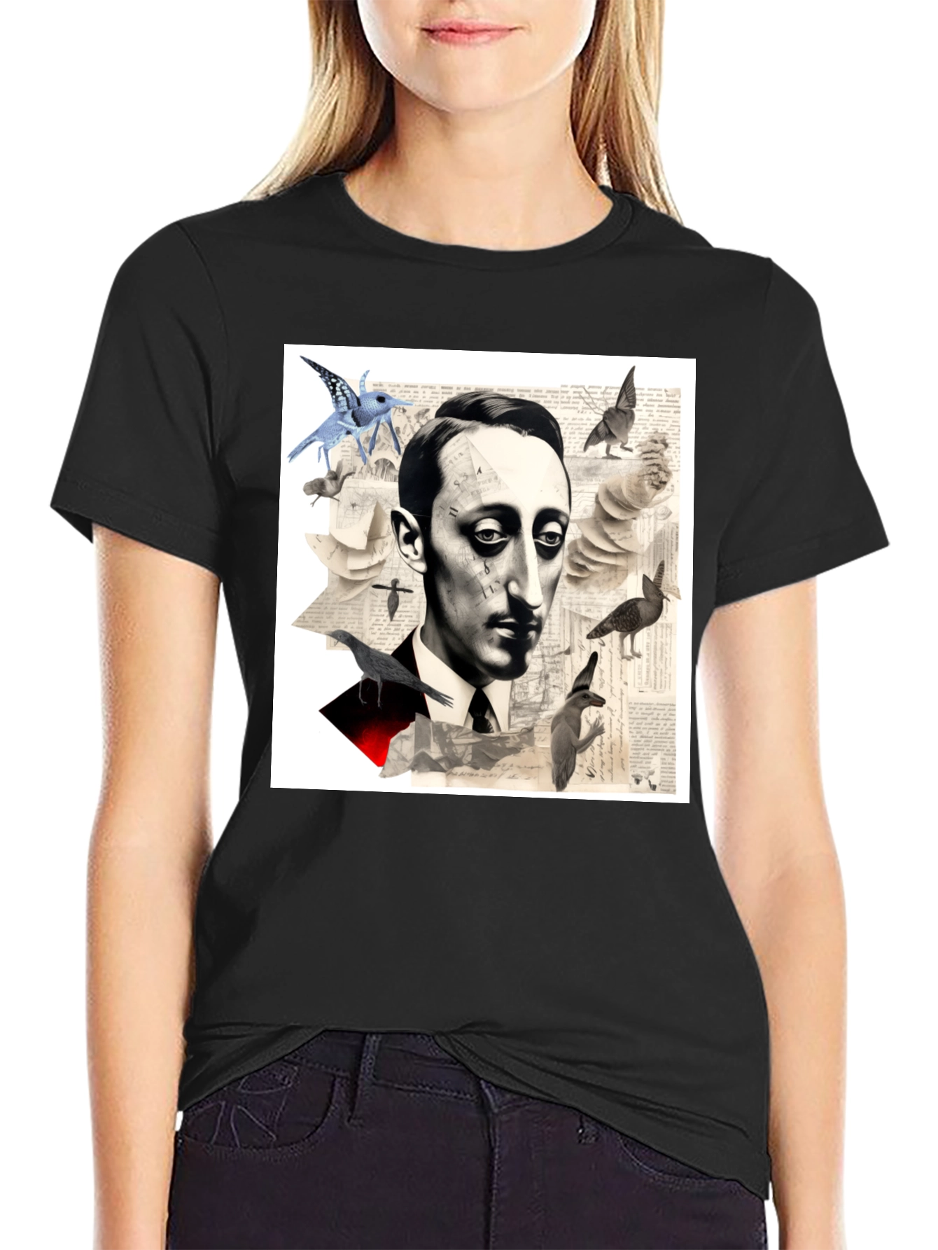 Black Surrealist Literary T-Shirt: Portrait with Birds view 2
