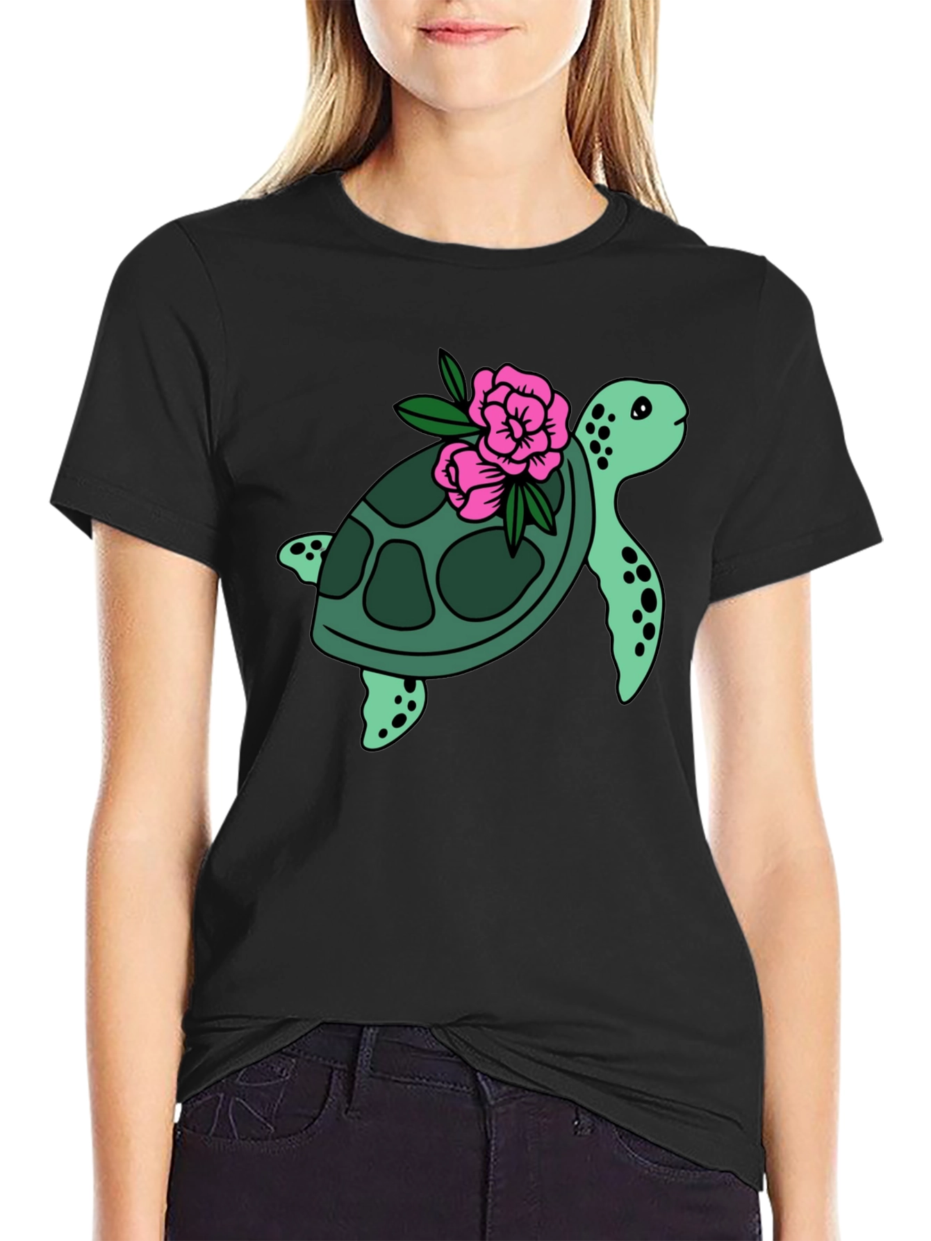Black Turtle & Flower Graphic Tee - Black view 2