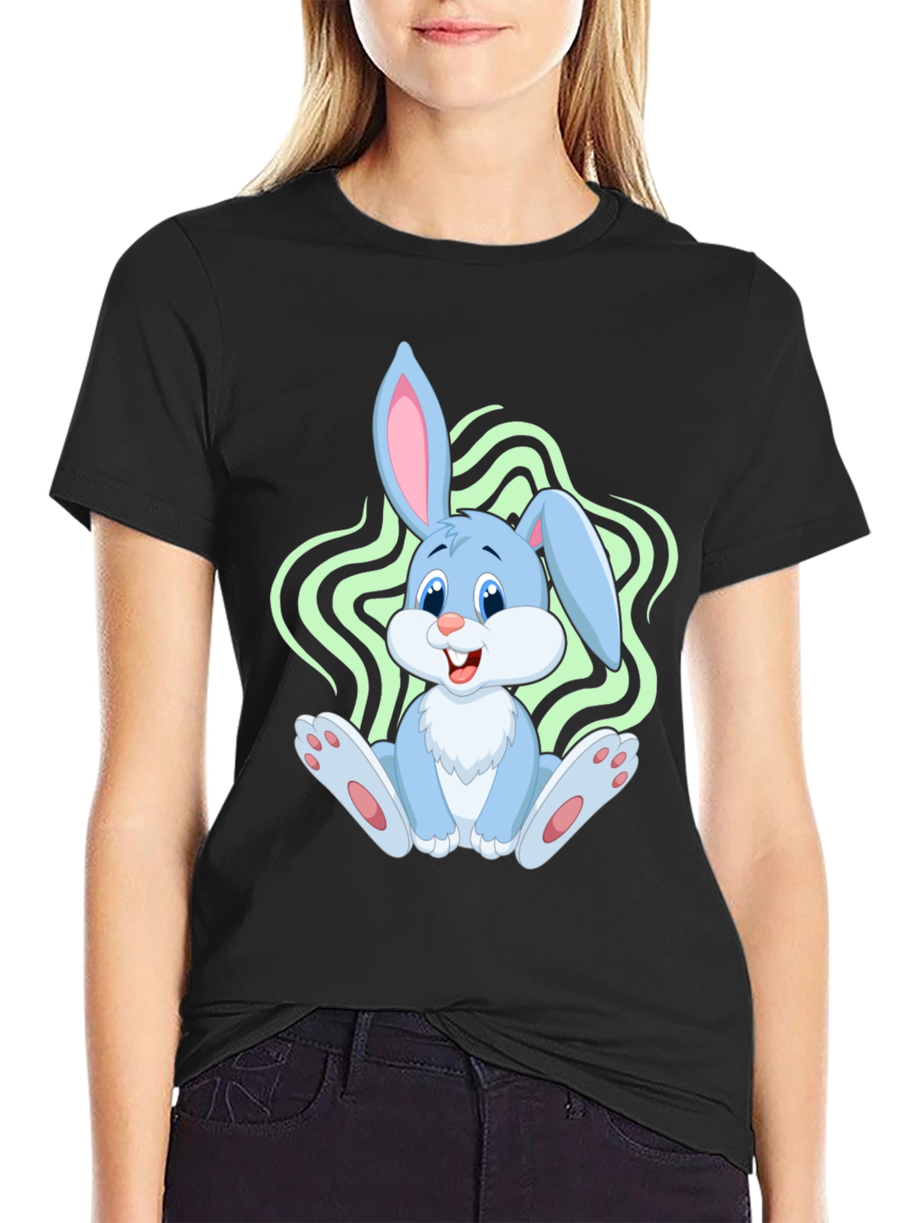 Black Cute Bunny Graphic Tee - Black Cotton Blend view 2