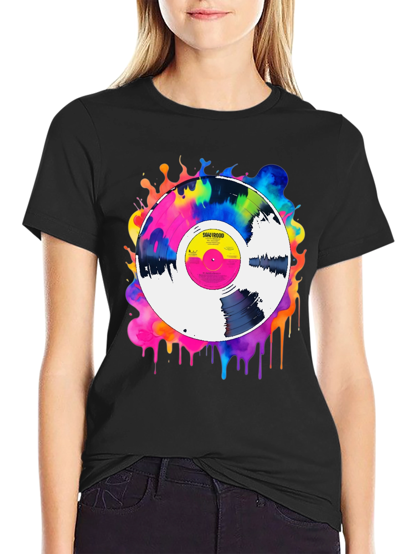 Black Colorful Vinyl Record Graphic Tee - Music Lover T-Shirt view 2