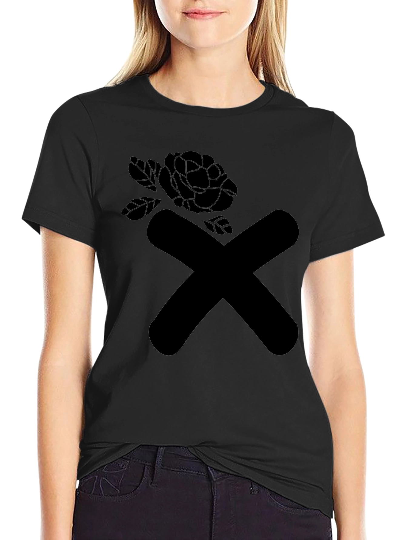 Black Modern Graphic Tee - Black X & Rose Design view 2
