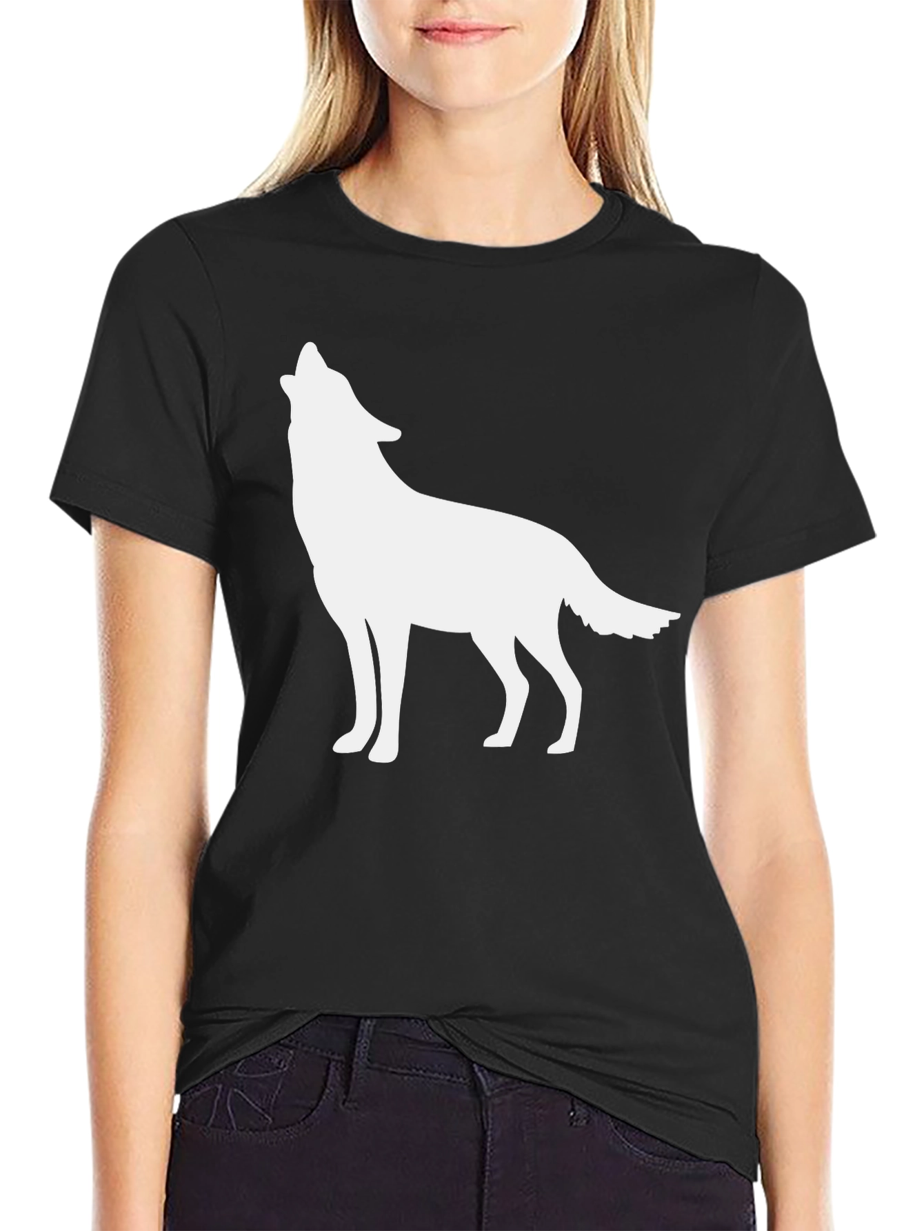Black Men's Black T-shirt with Wolf Silhouette view 2