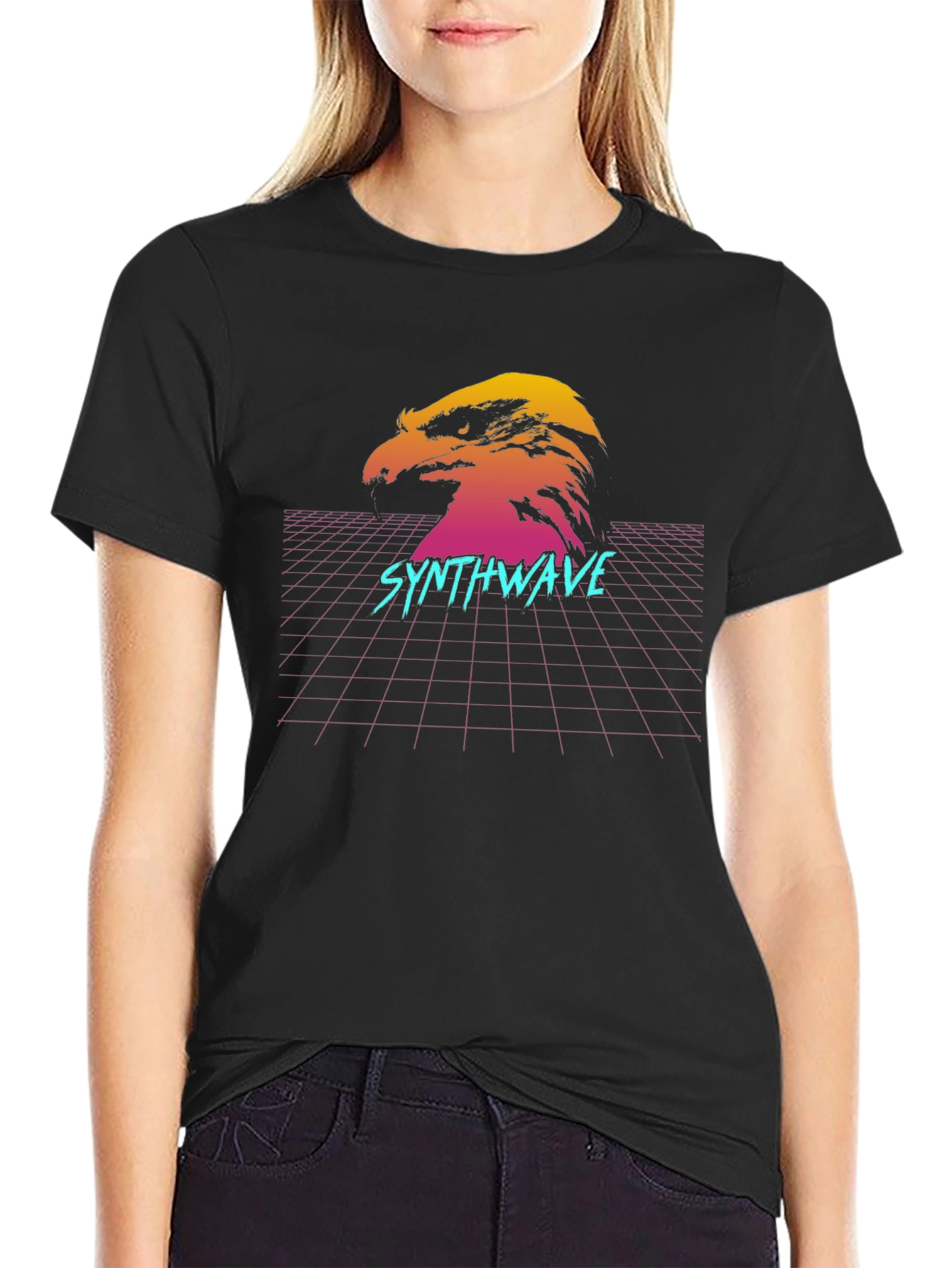 Black Synthwave Eagle Graphic T-Shirt - Retro Style view 2