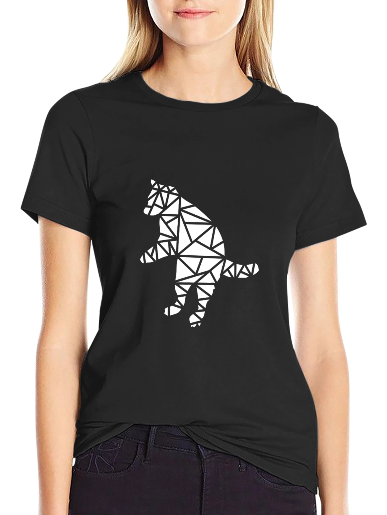 Black Geometric Cat Graphic Tee - Black Cotton T-Shirt view 2
