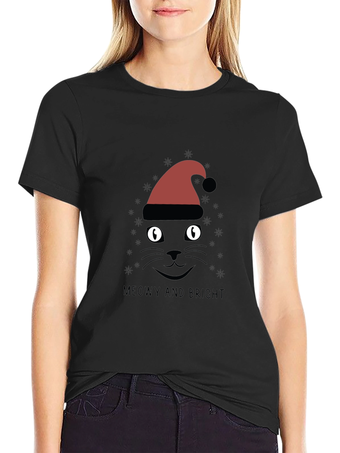 Black Meowy and Bright Christmas Cat T-Shirt view 2