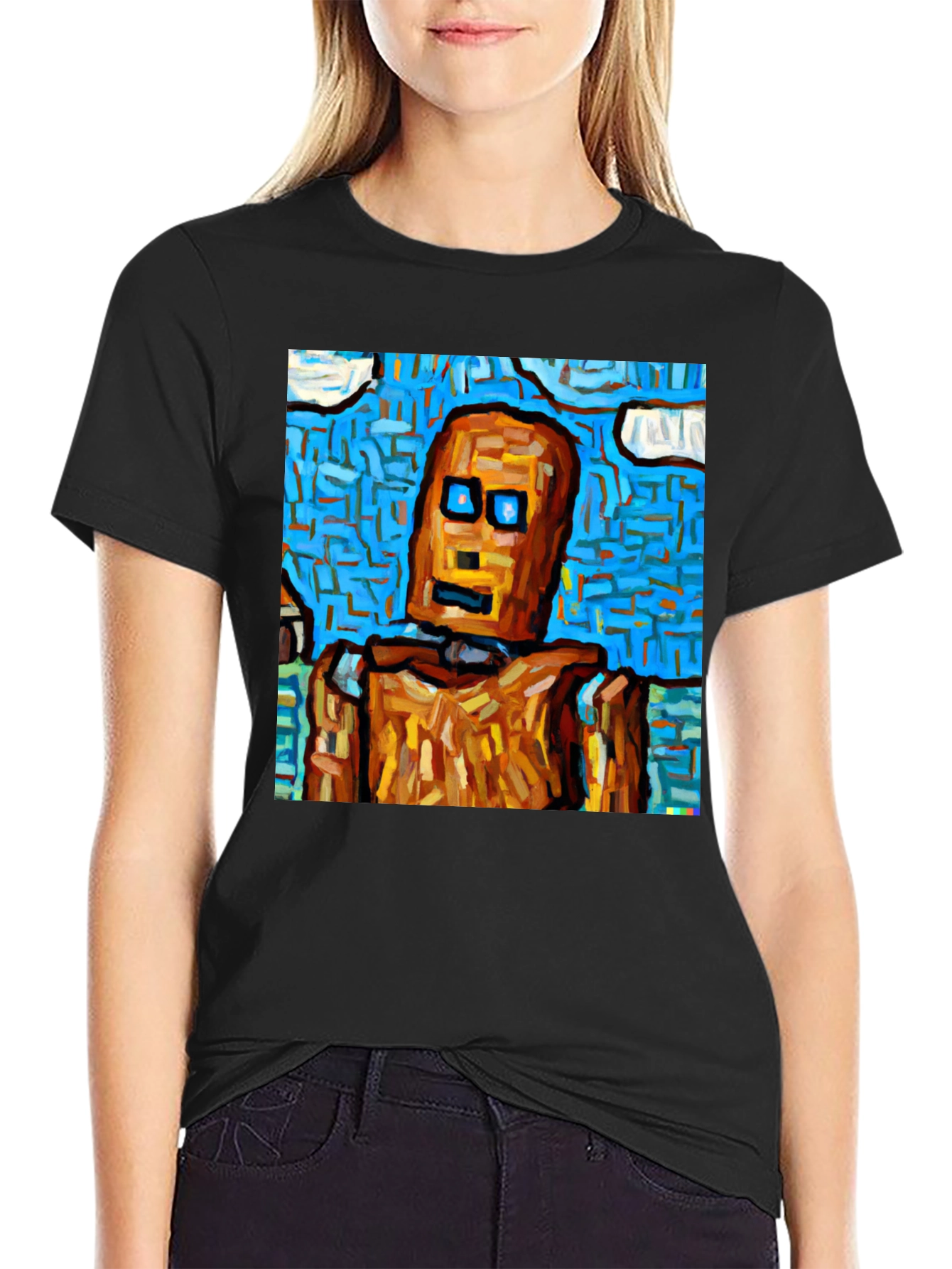 Black Abstract Robot Graphic Tee - Black Cotton T-Shirt view 2