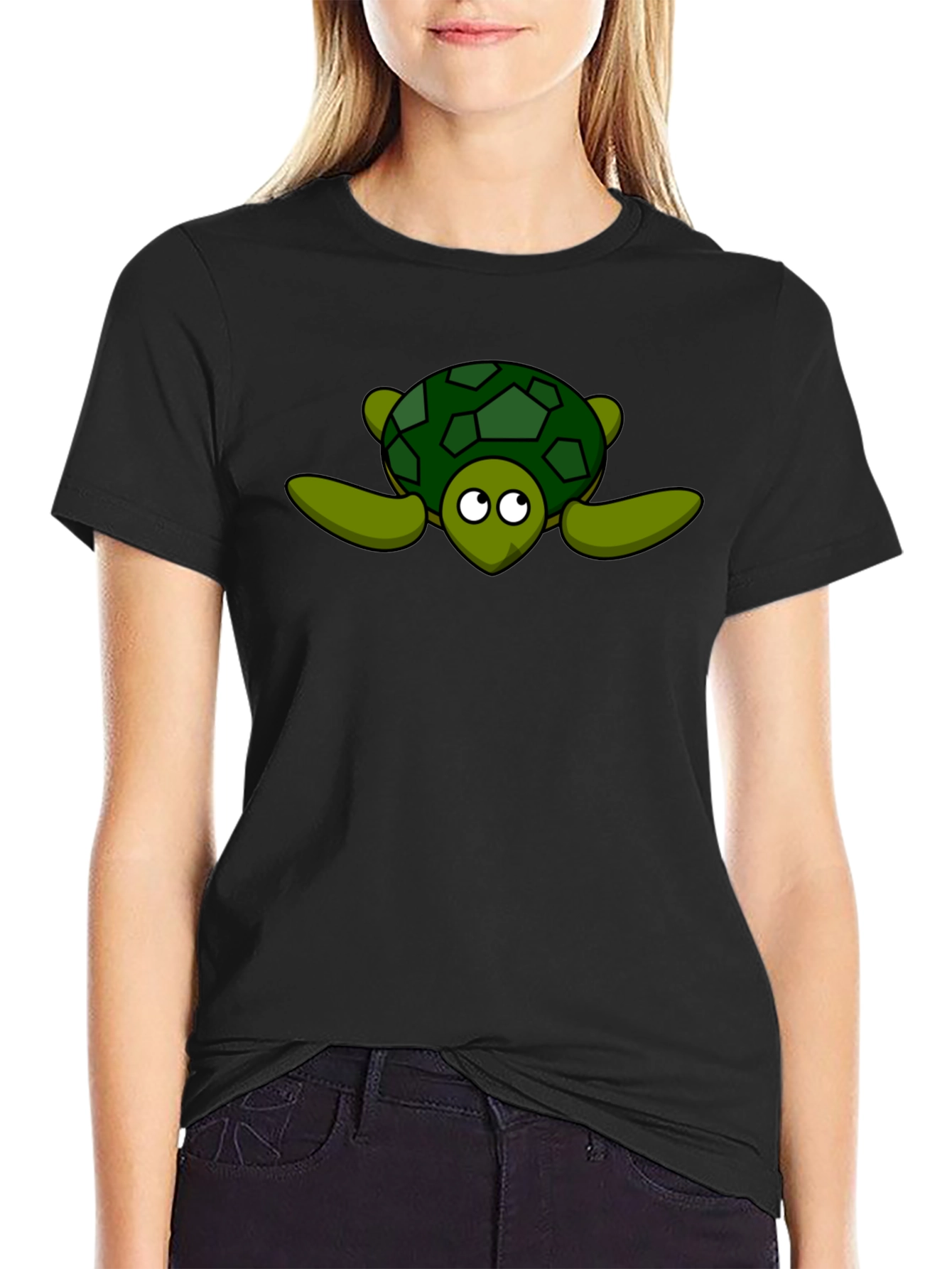 Black Cute Turtle Graphic Black T-Shirt view 2