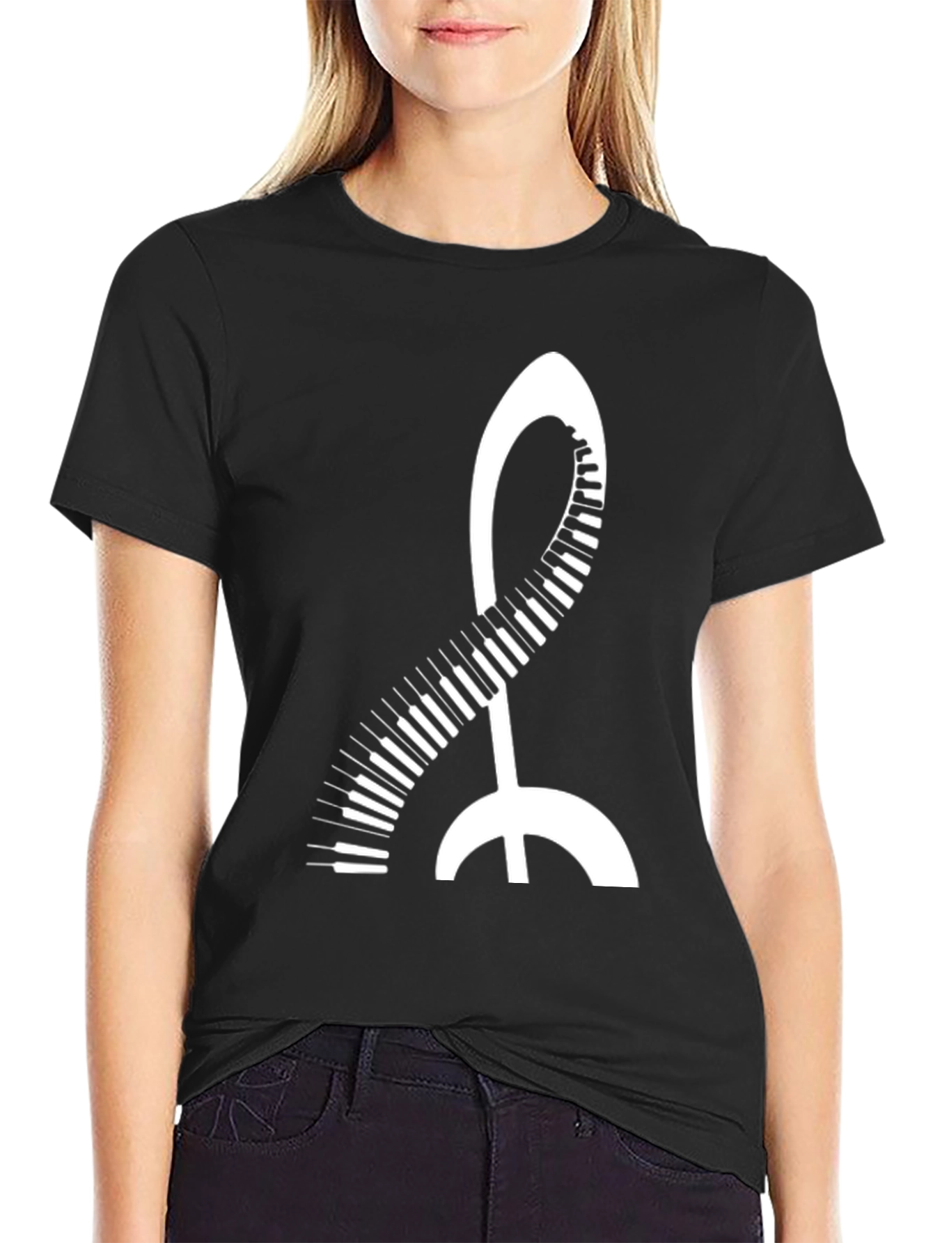 Black Music Treble Clef Piano Keys Black T-Shirt view 2