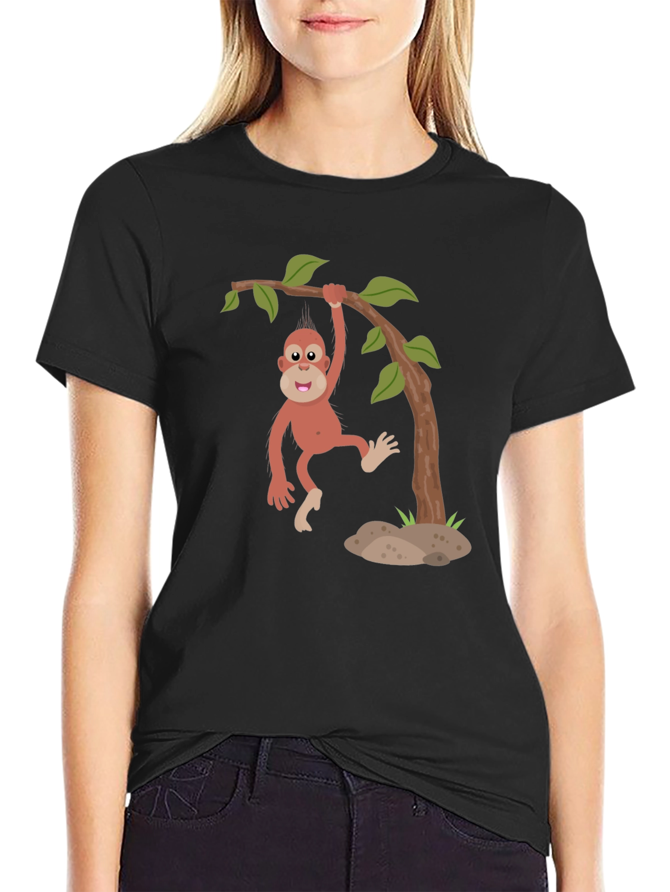 Cartoon Monkey Hanging from Tree Black T-Shirt - 2