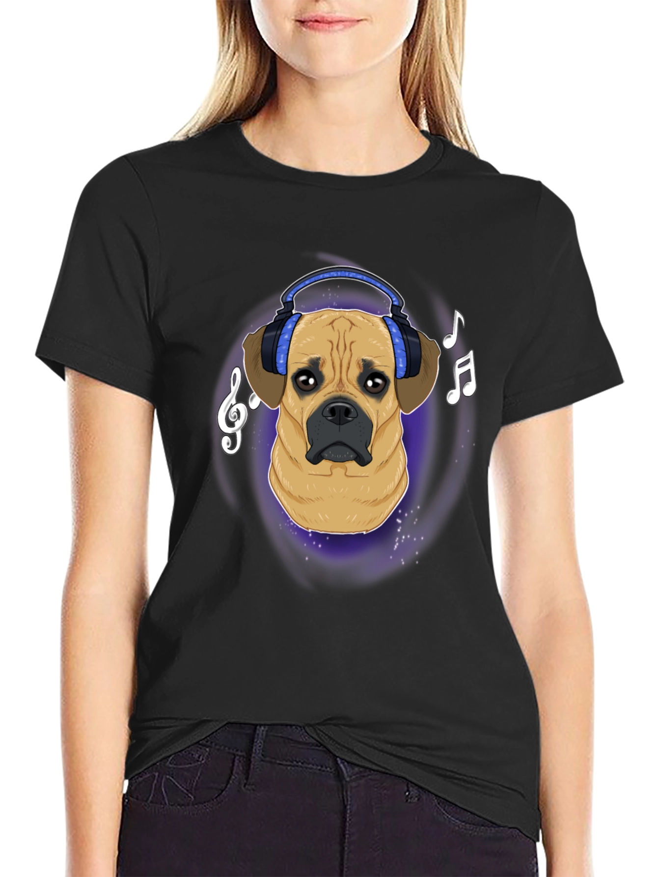 Black Dog DJ T-Shirt - Musical Puggle Design view 2