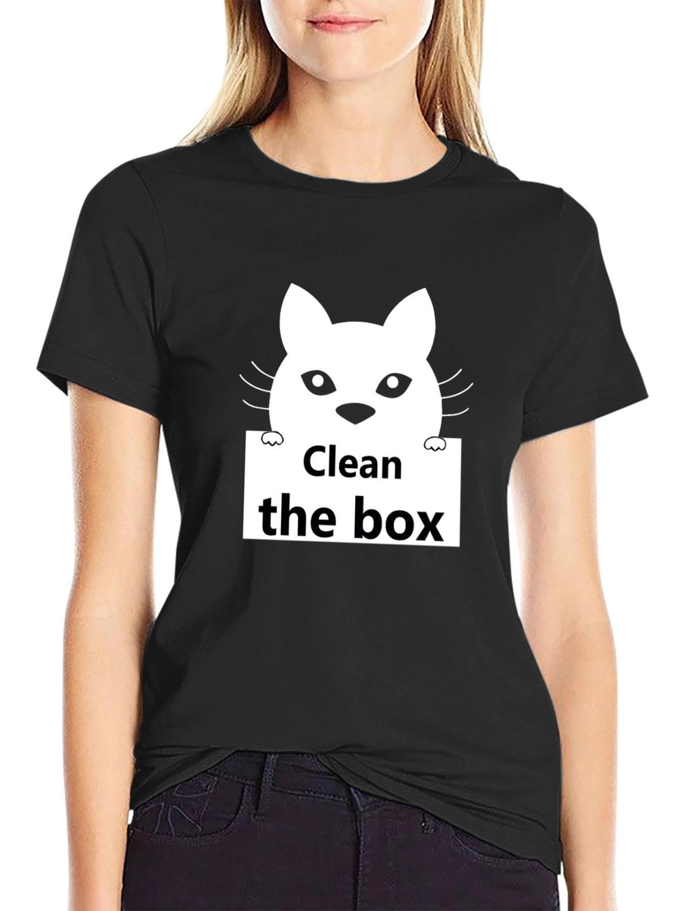 Black Clean the Box Cat Graphic Black T-Shirt view 2