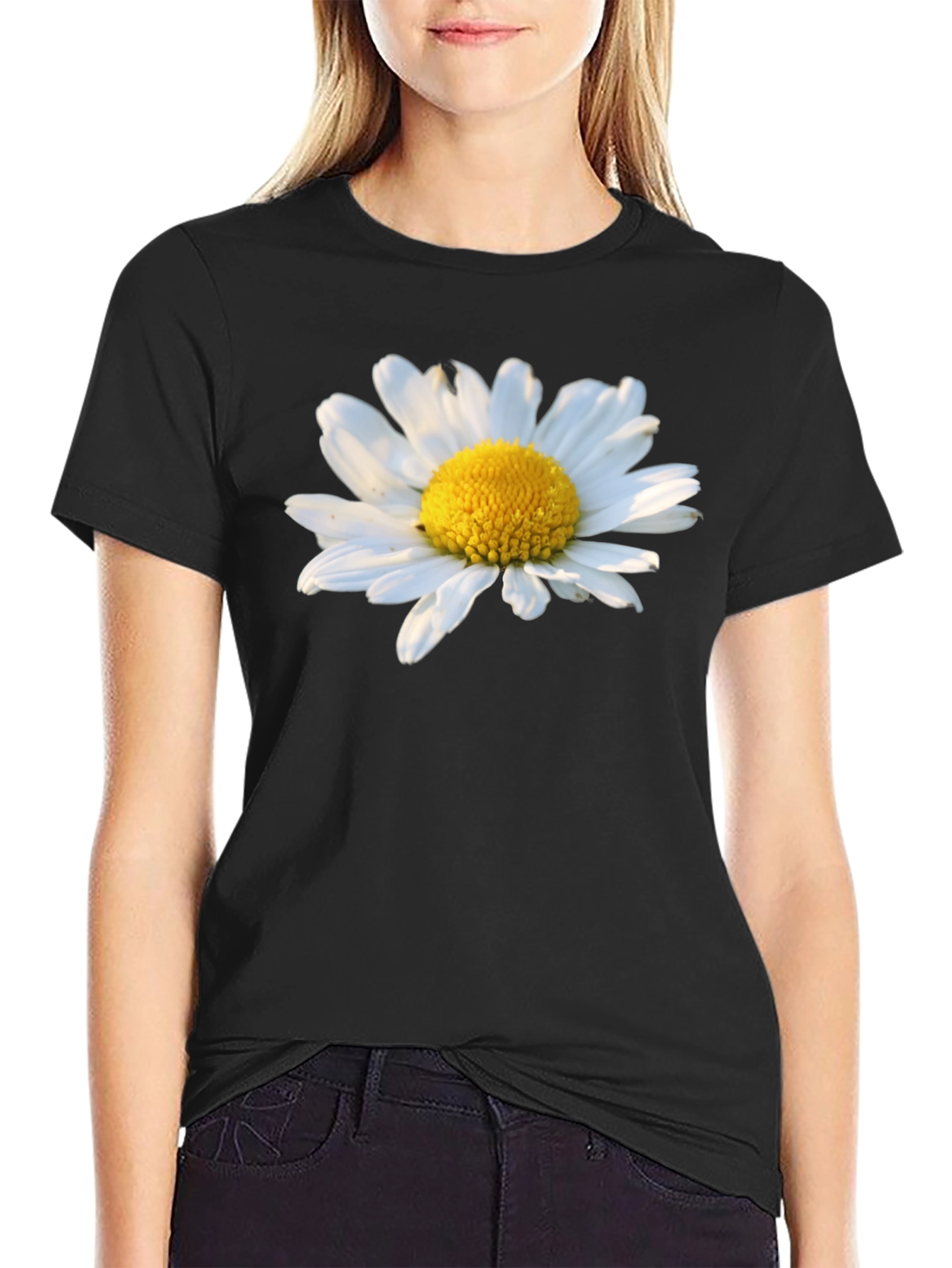 Black Daisy Flower Graphic Tee - Black Cotton T-Shirt view 2