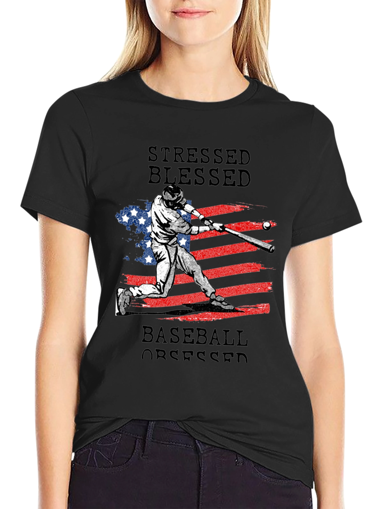 Black Stressed Blessed Baseball Obsessed T-Shirt view 2