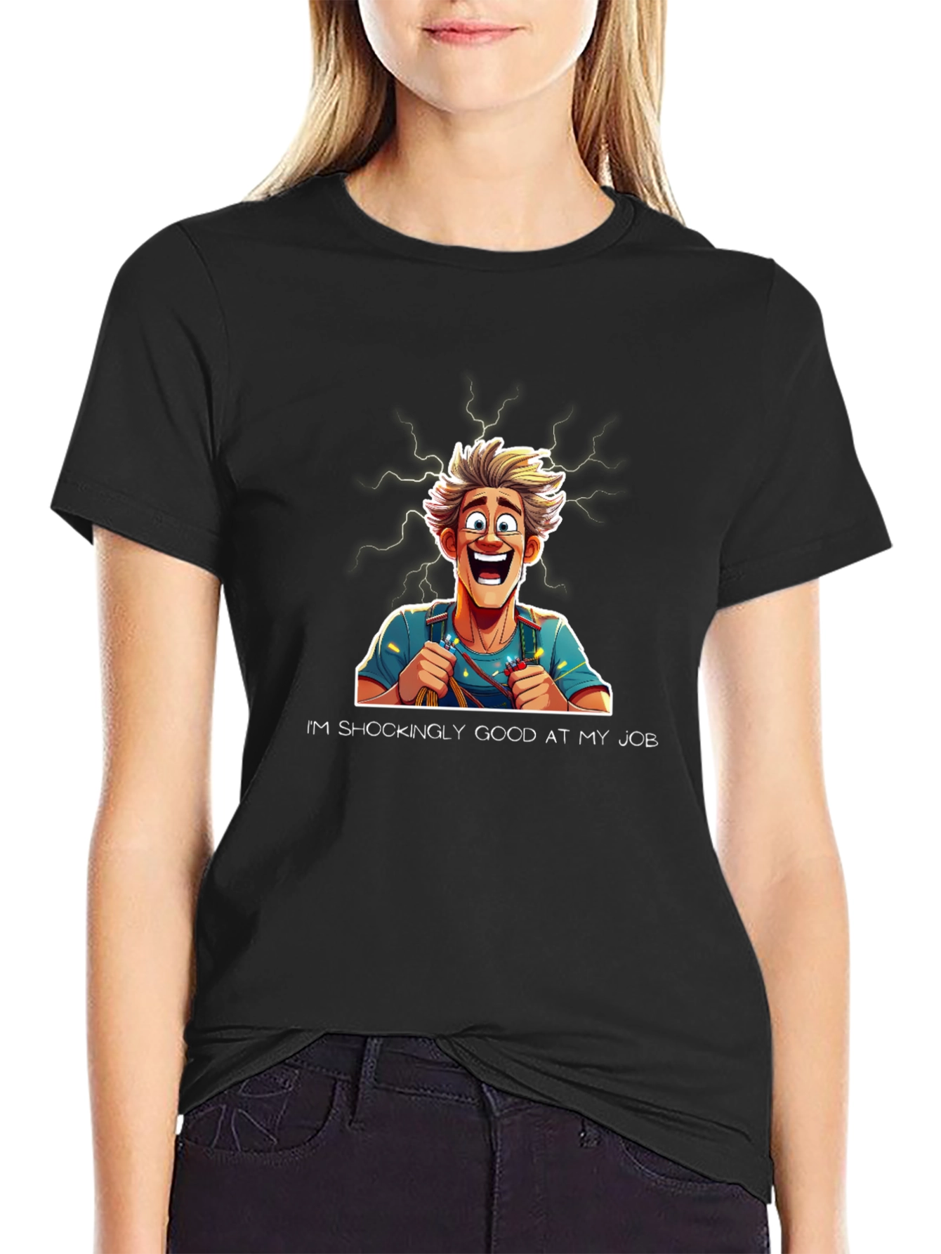 Black Funny Electrician Cartoon T-Shirt view 2
