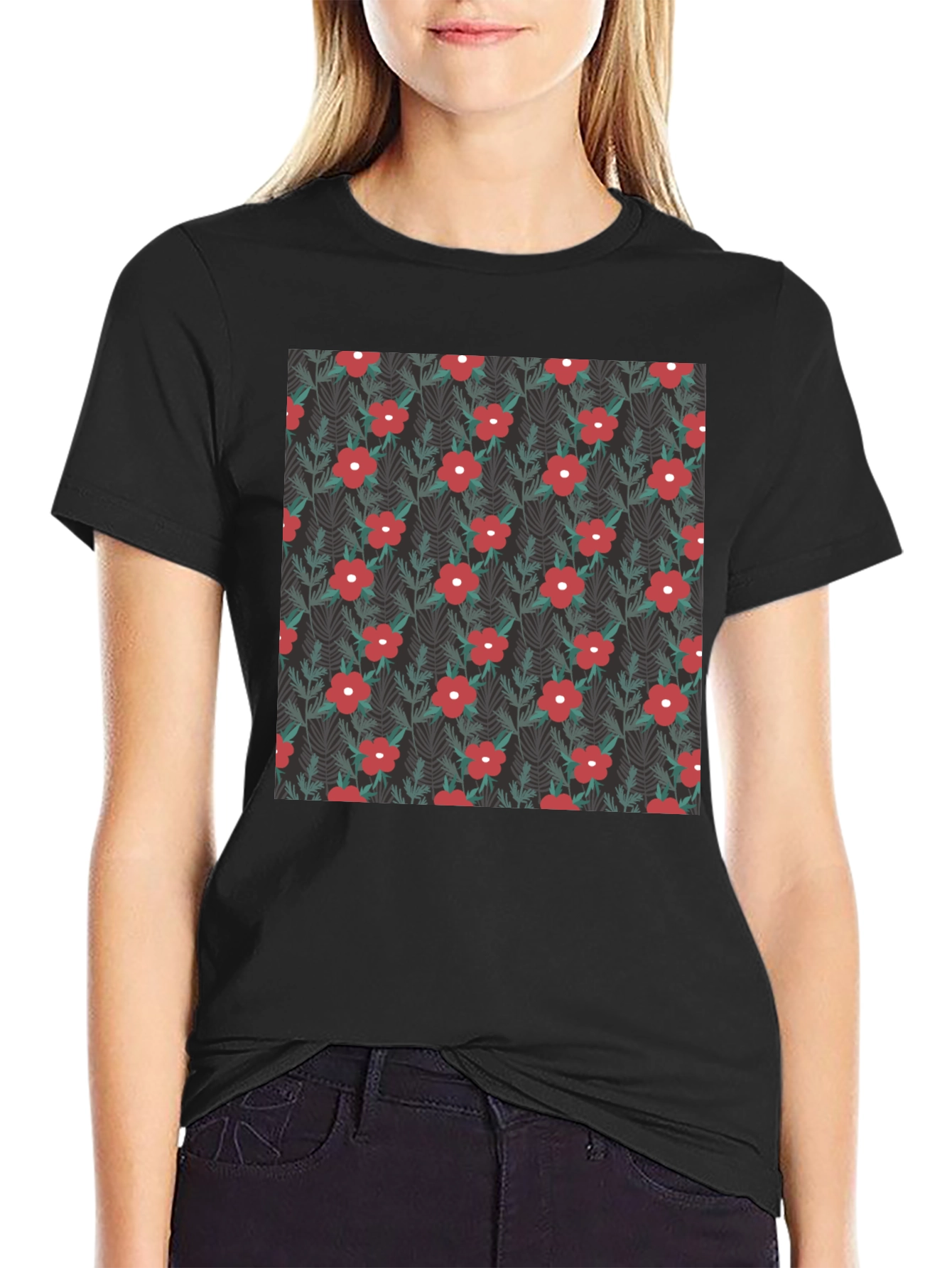 Black Floral Pattern Black T-Shirt view 2