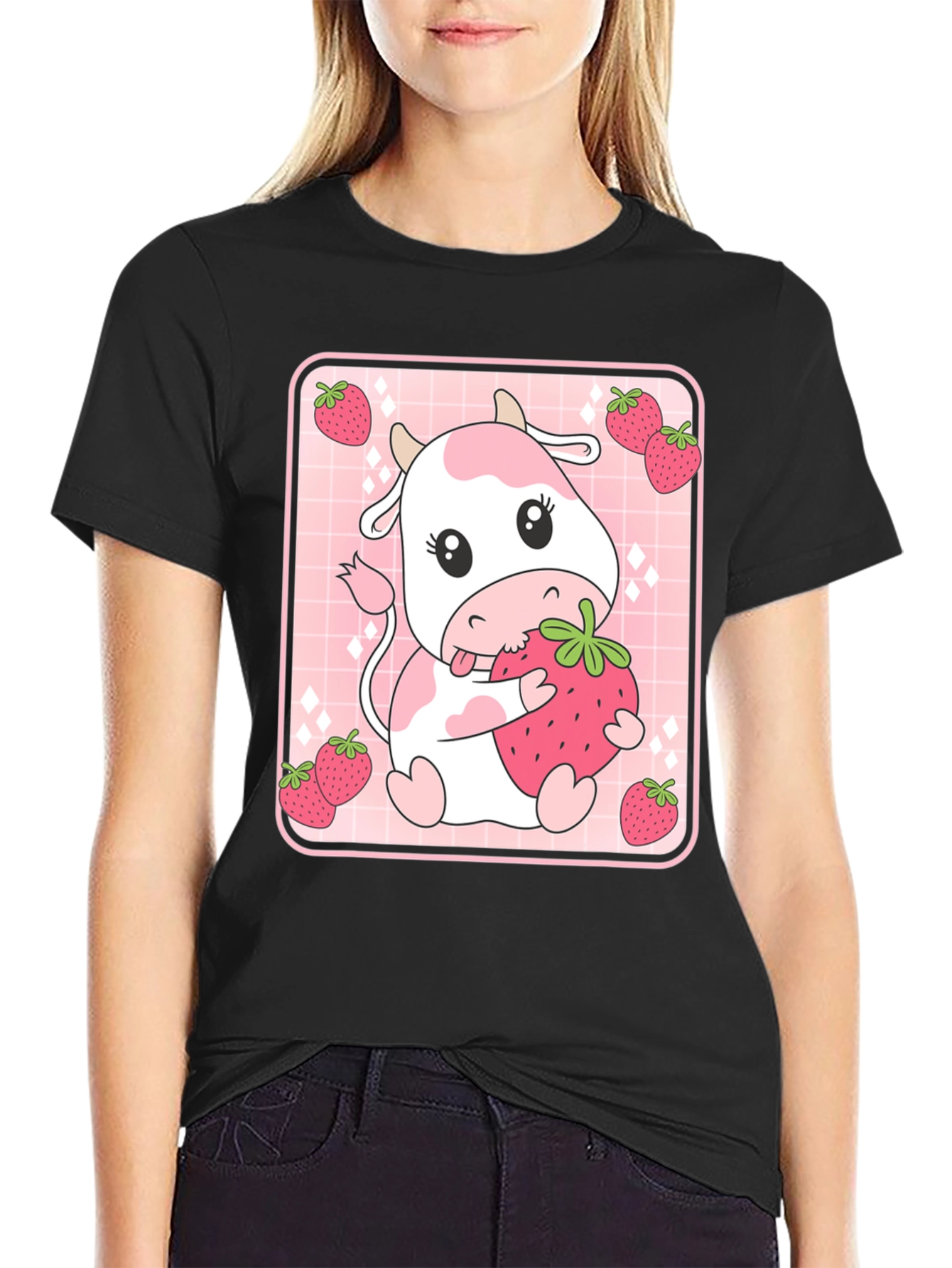 Black Strawberry Cow T-Shirt - Cute Kawaii Design view 2