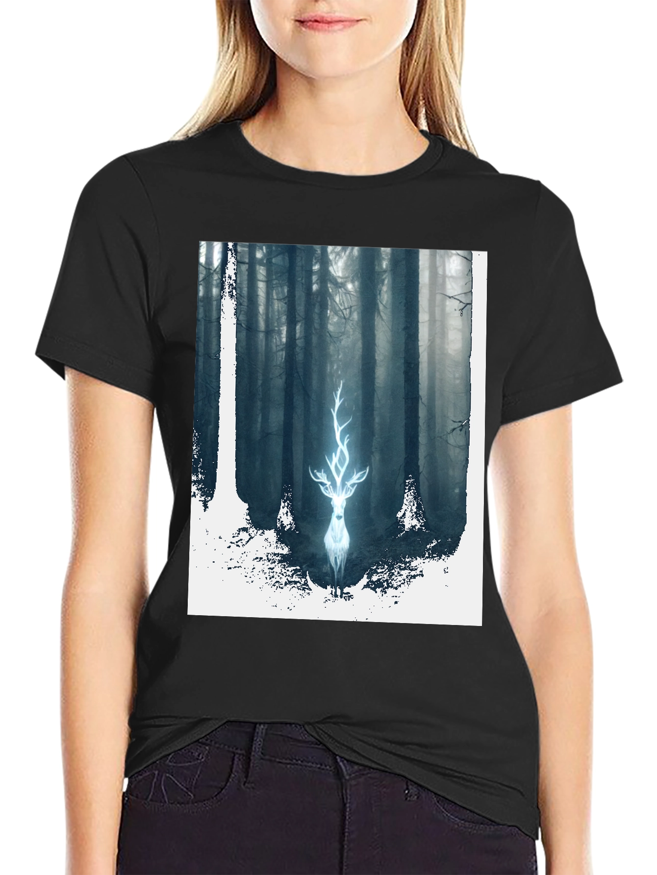 Black Mystic Forest Deer Graphic Tee - Black Cotton Blend view 2