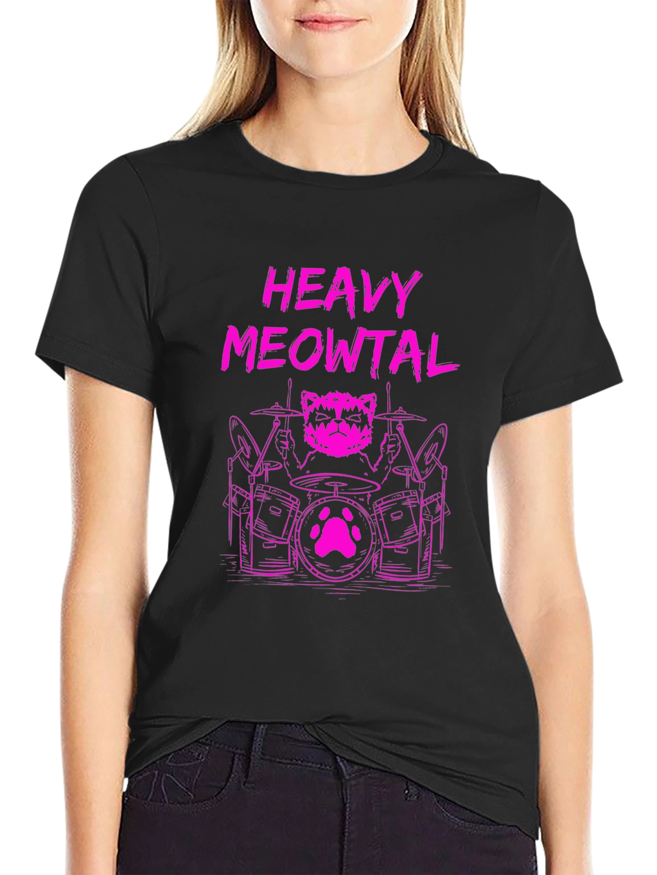 Black Heavy Meowtal Cat Drummer Graphic Tee view 2