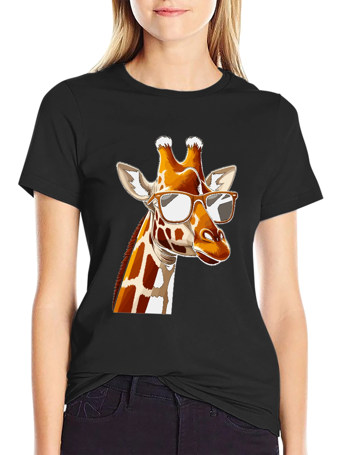 Black Cool Giraffe Graphic Tee - Black Cotton T-Shirt view 2