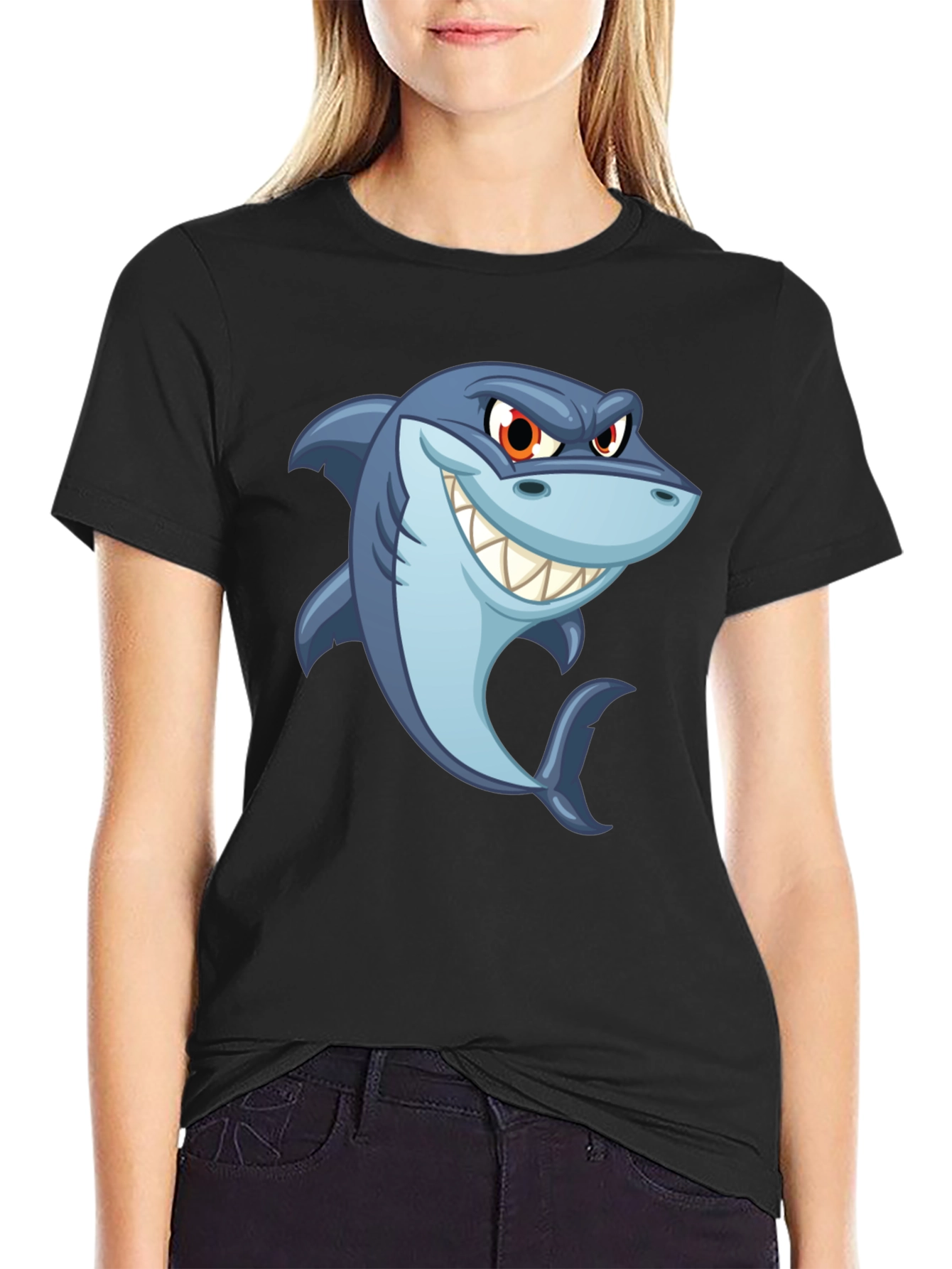 Black Men's Black Shark Cartoon Graphic T-Shirt view 2
