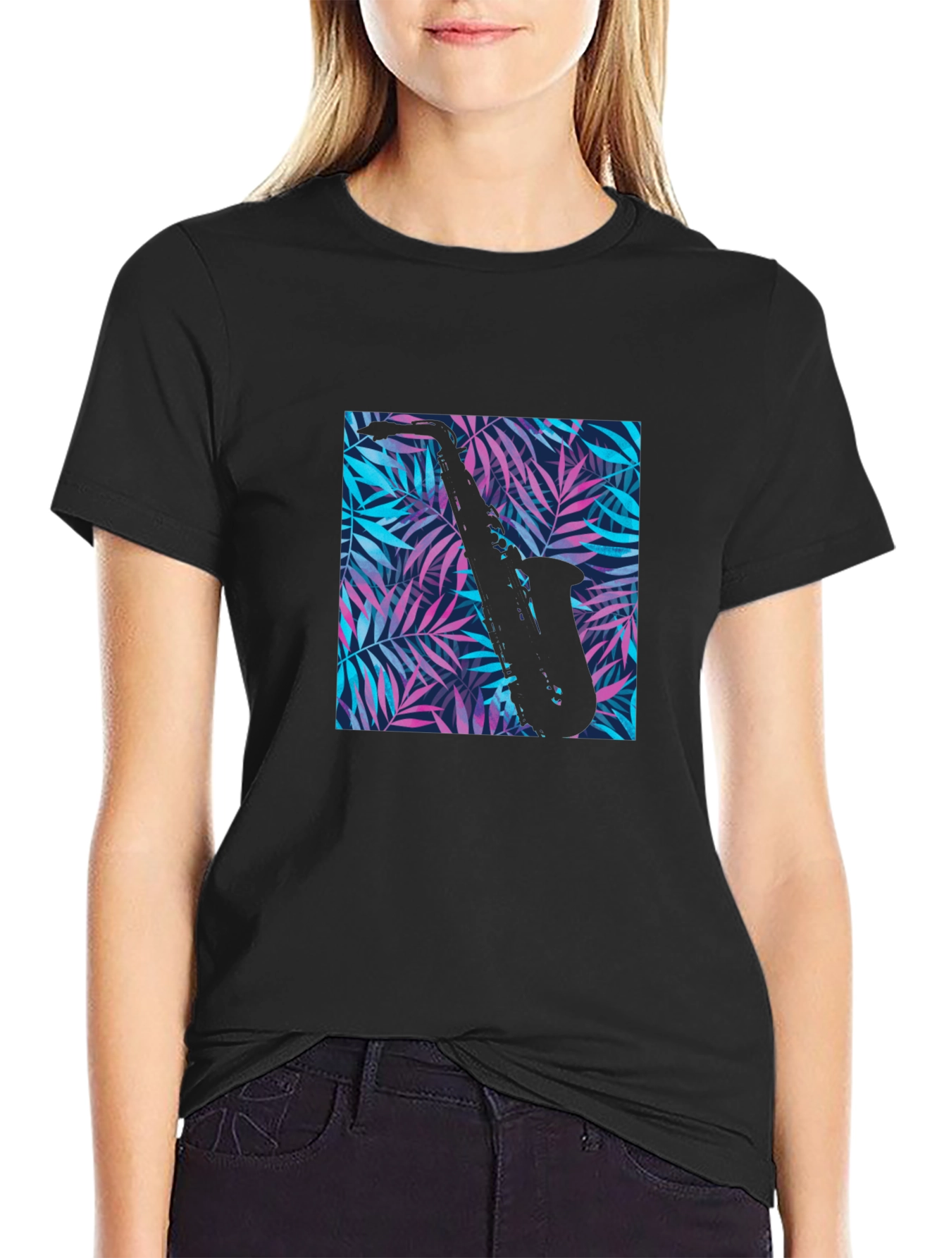 Black Tropical Saxophone Print Black T-Shirt view 2