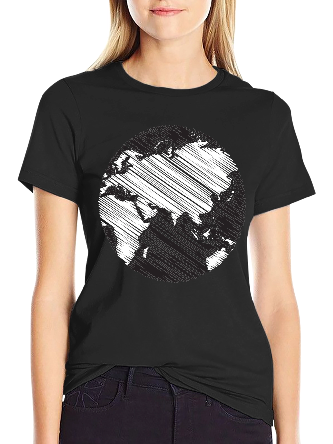 Black Earth Scribble Print Crew Neck Tee - Casual Black T-Shirt view 2