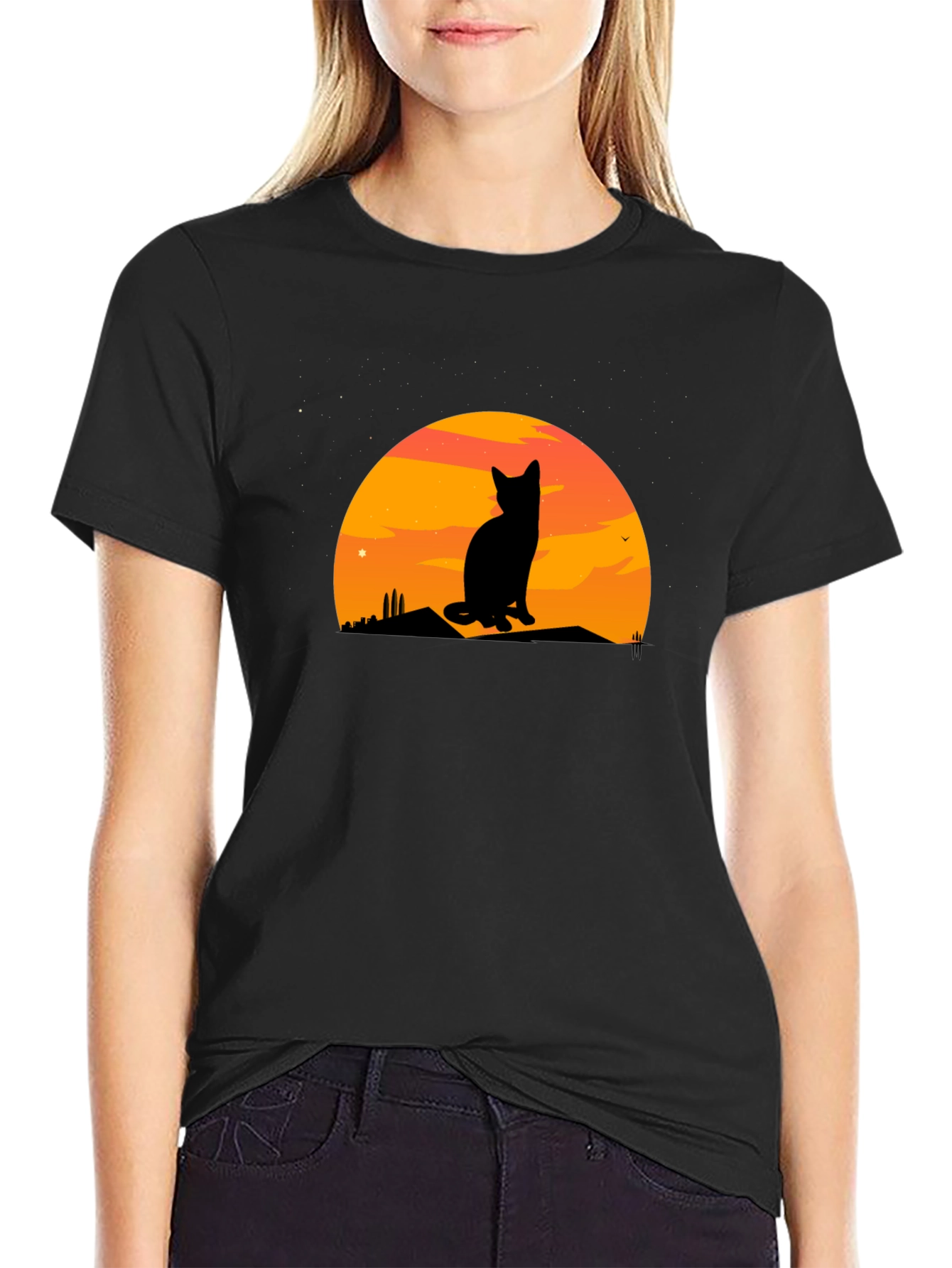 Black Sunset Cat Silhouette Graphic Tee view 2