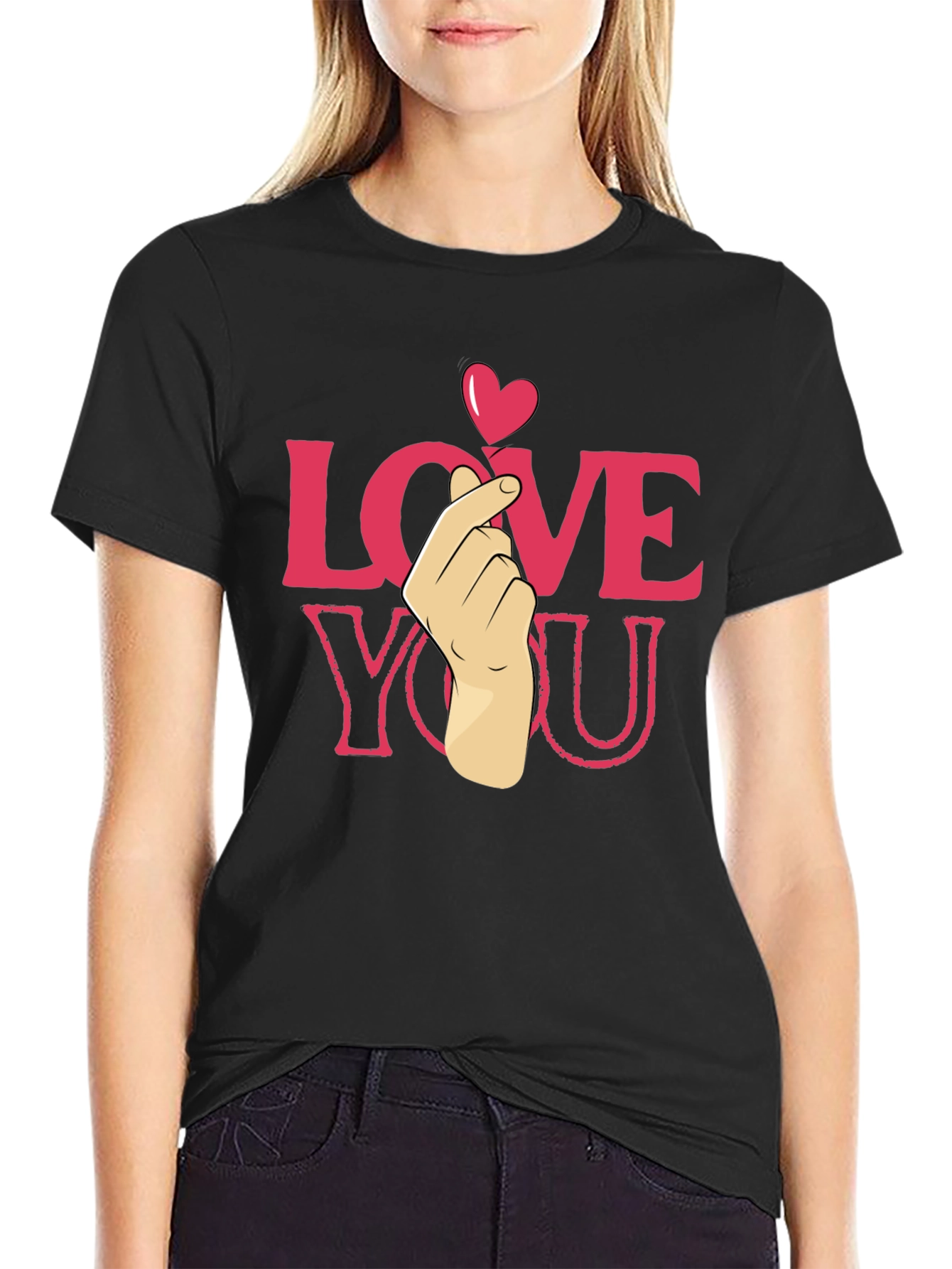 Black Love You Heart Finger T-Shirt - Cute & Trendy view 2