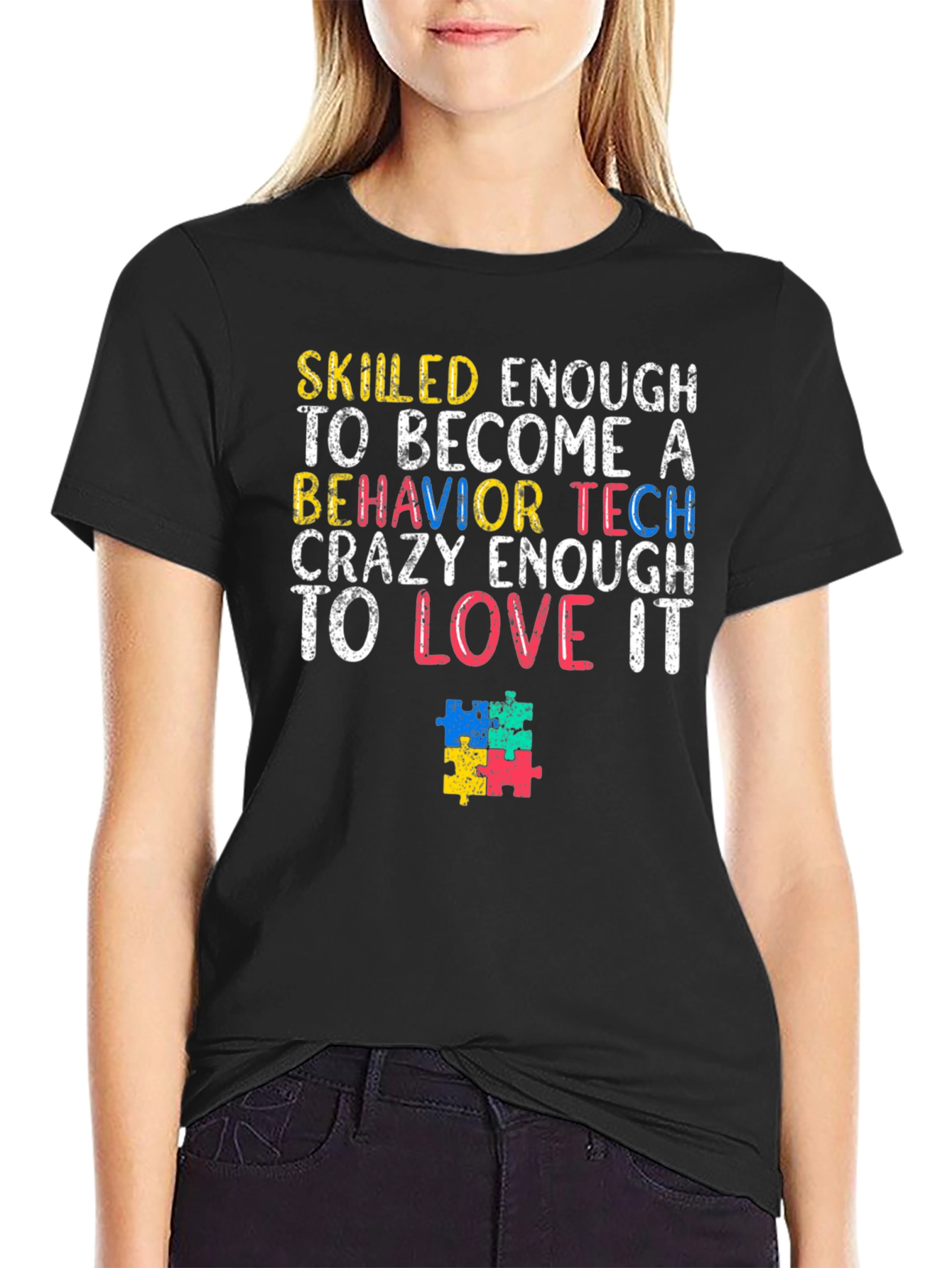 Black Behavior Tech Autism Puzzle Piece T-Shirt view 2