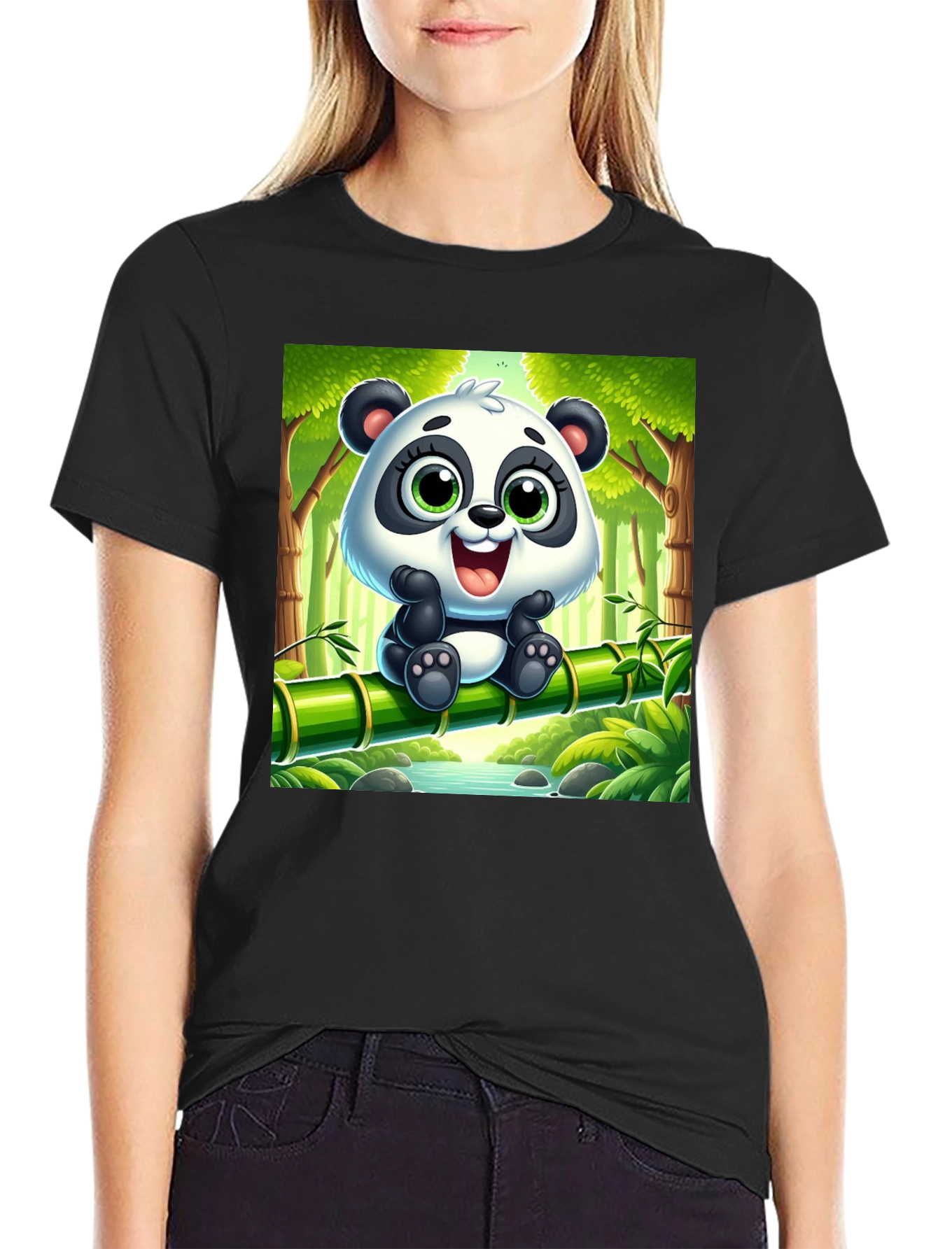 Black Cute Cartoon Panda T-Shirt view 2