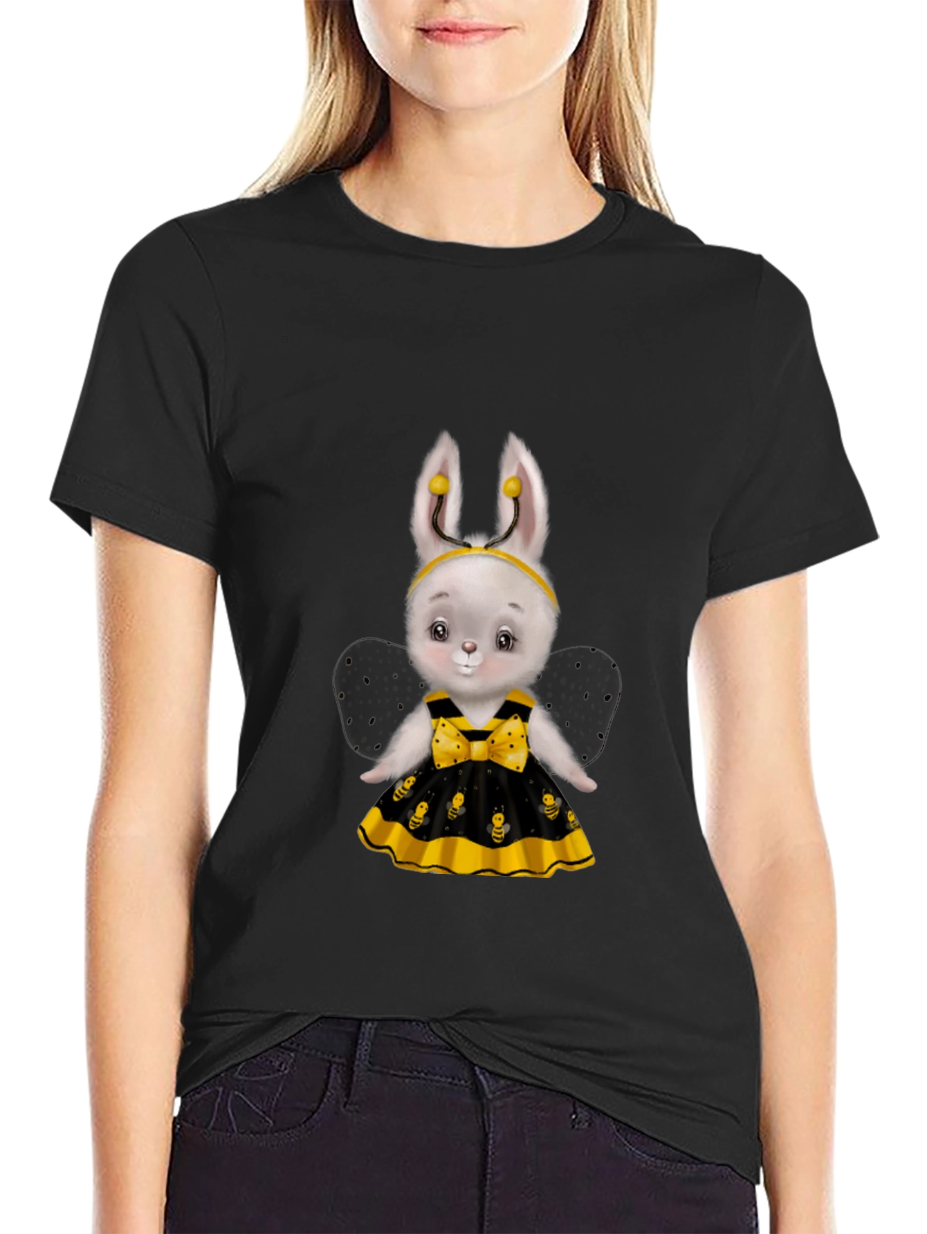 Black Cute Bee Bunny T-Shirt view 2