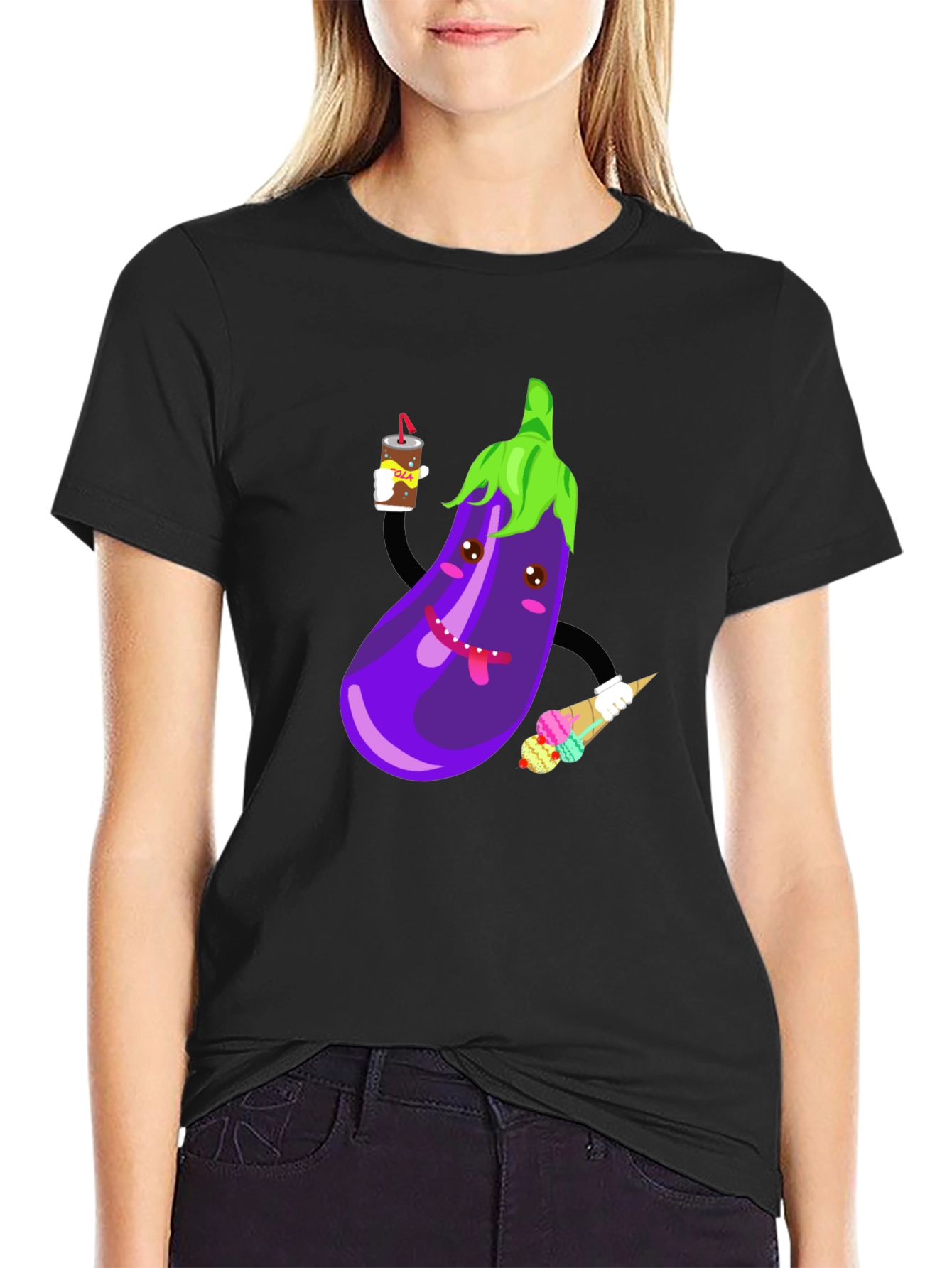Black Eggplant Cartoon Graphic T-Shirt view 2