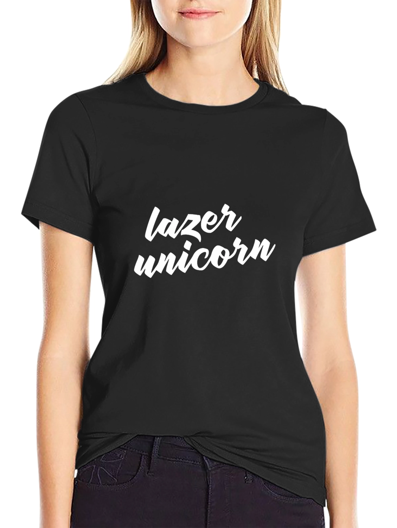 Black Lazer Unicorn Graphic Tee - Black Cotton T-Shirt view 2