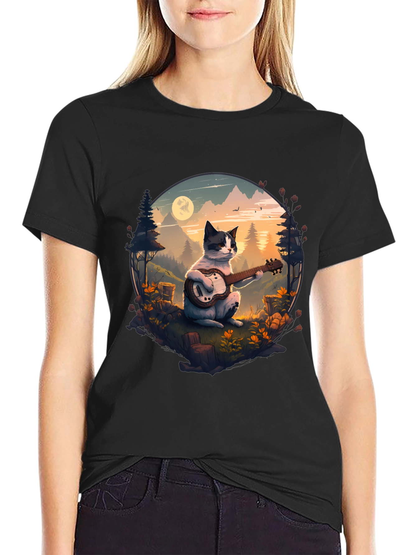 Black Cat Guitarist Graphic Tee - Mountain Serenade view 2