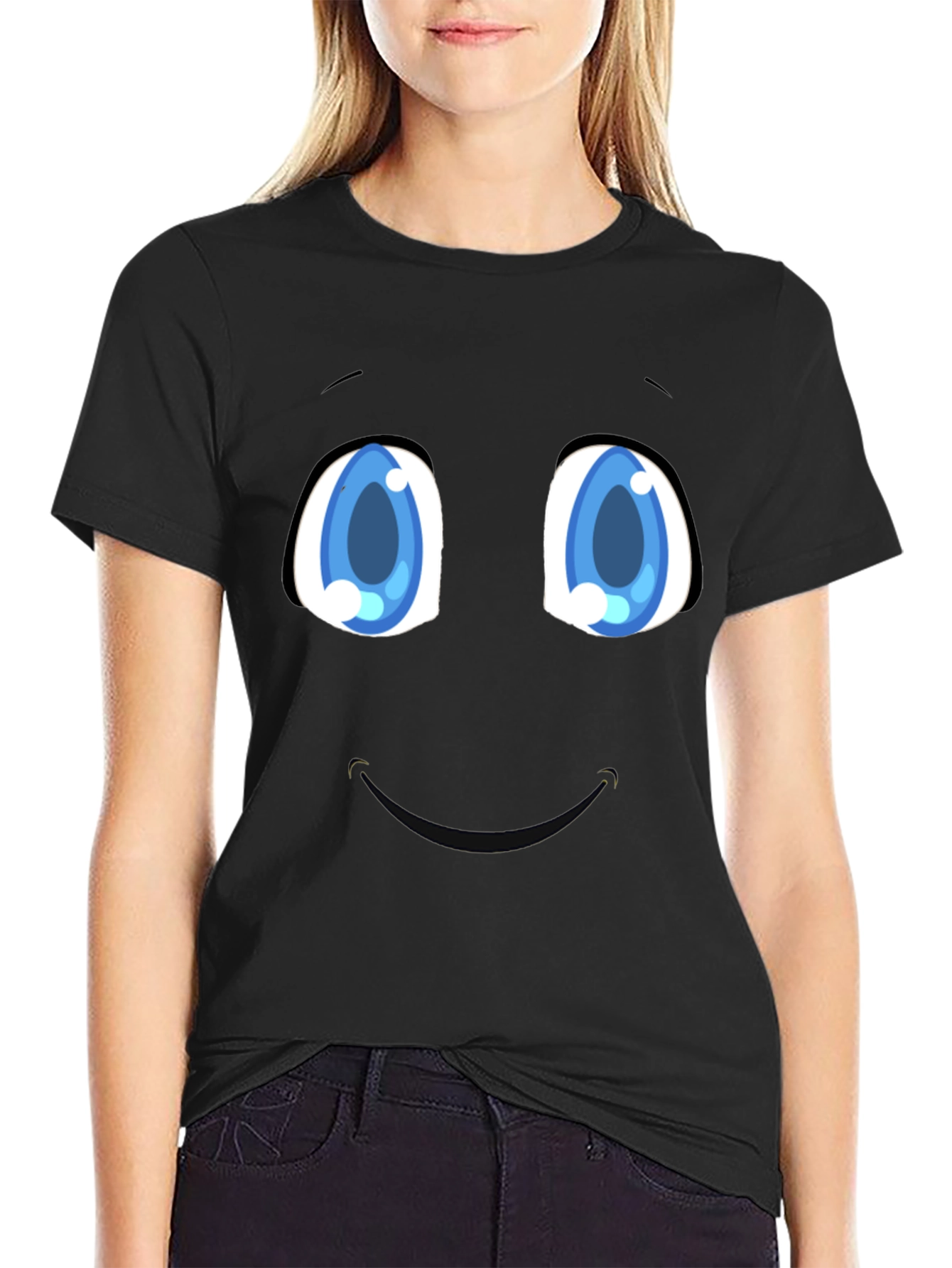 Black Funny Cartoon Face Black T-Shirt view 2