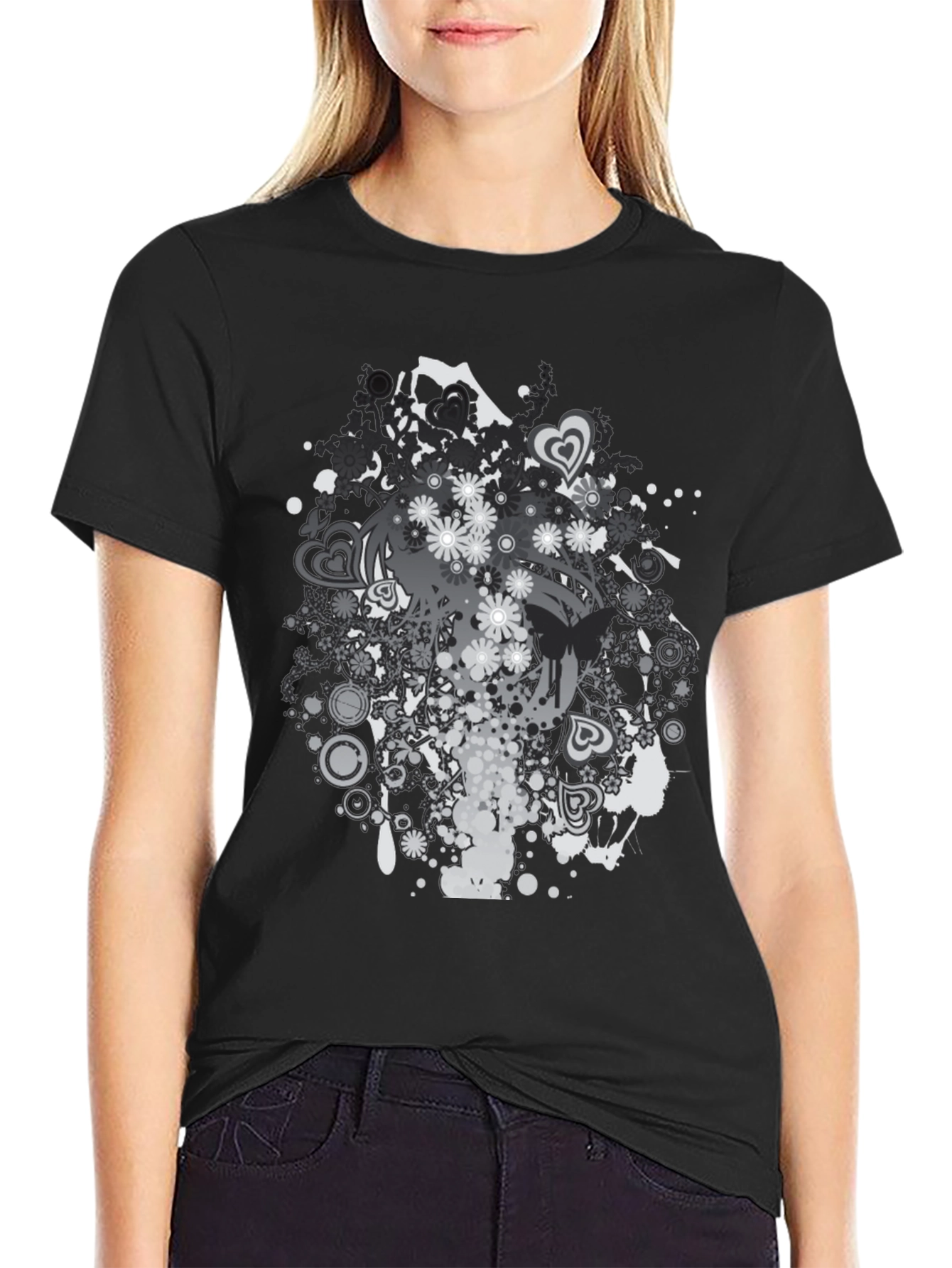 Black Floral Graphic Print Black T-Shirt view 2