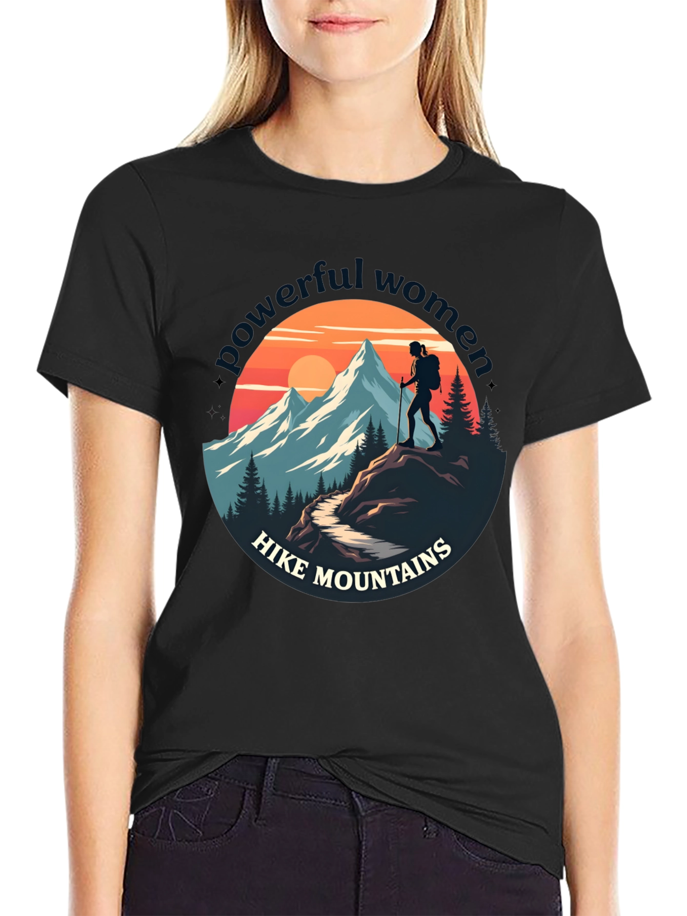 Black Powerful Women Hike Mountains Graphic Tee view 2