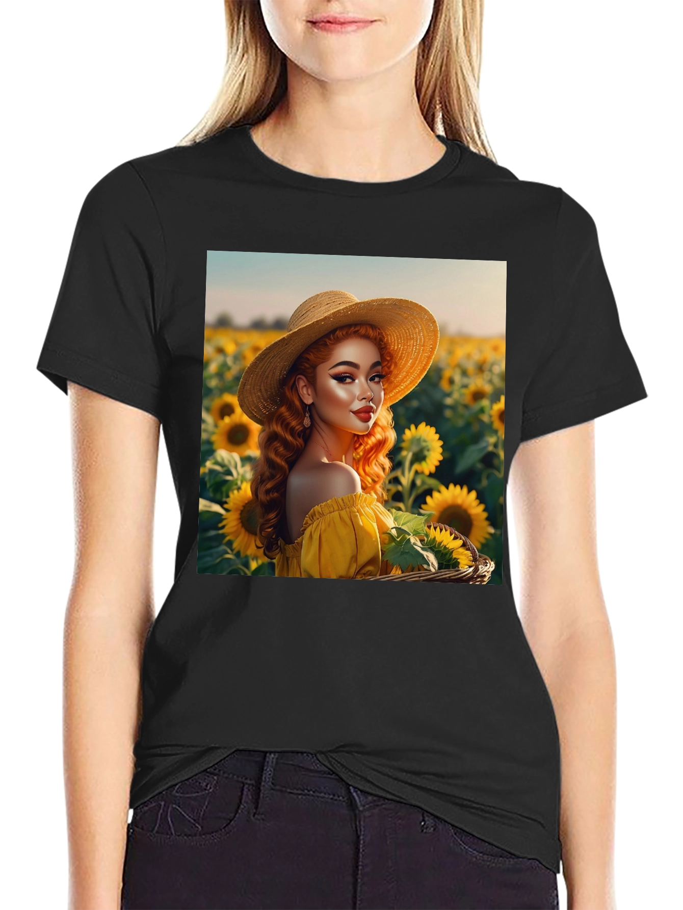Black Sunflower Girl Graphic Tee - Black Cotton Blend view 2