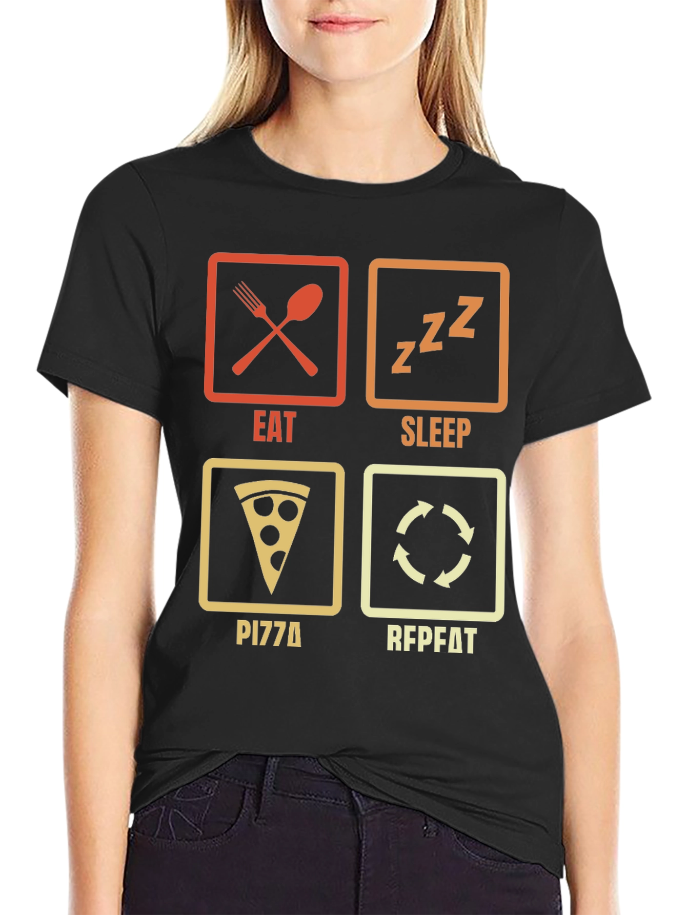 Black Eat Sleep Pizza Repeat T-Shirt - Funny Foodie Tee view 2