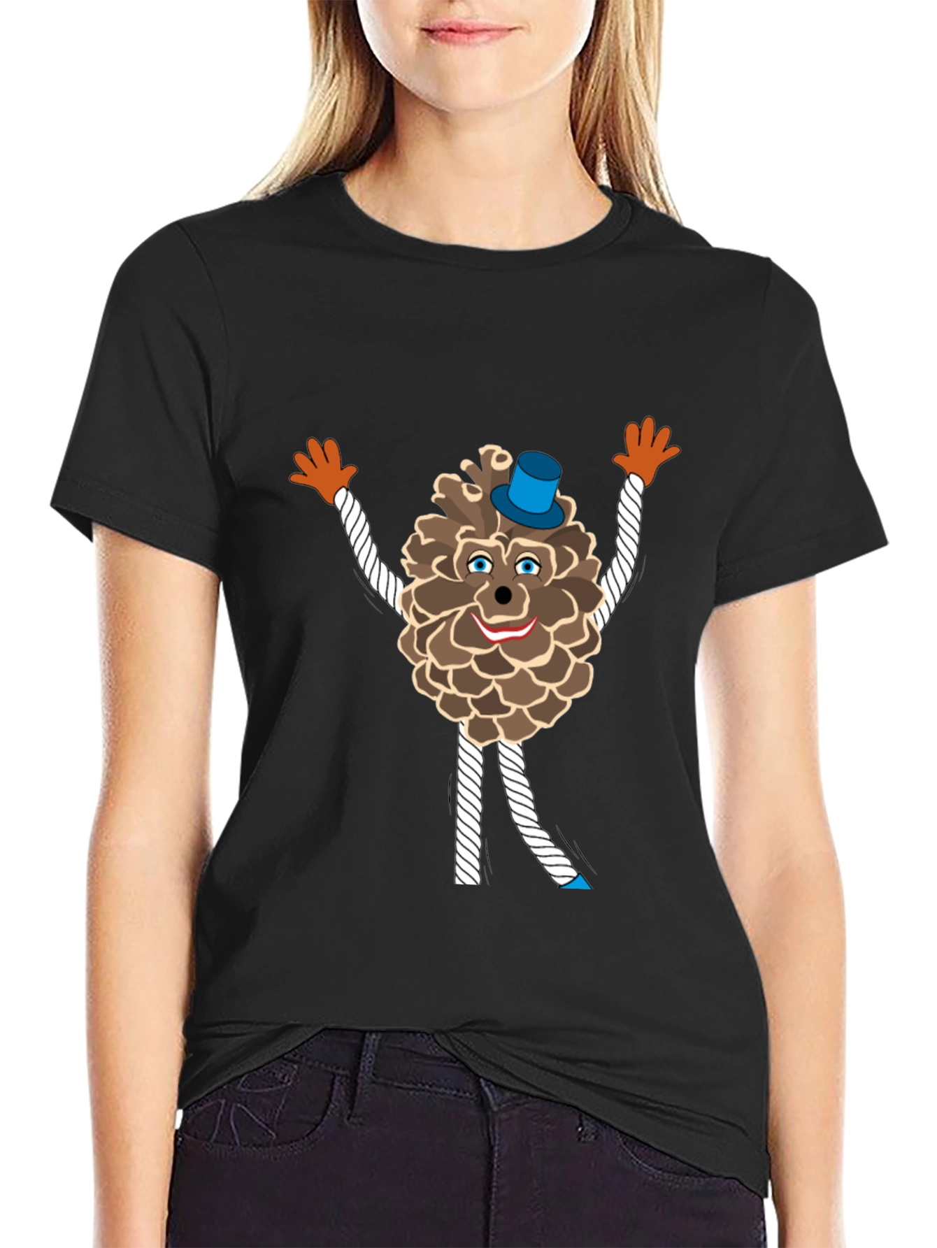 Black Fun Pine Cone Cartoon T-Shirt view 2