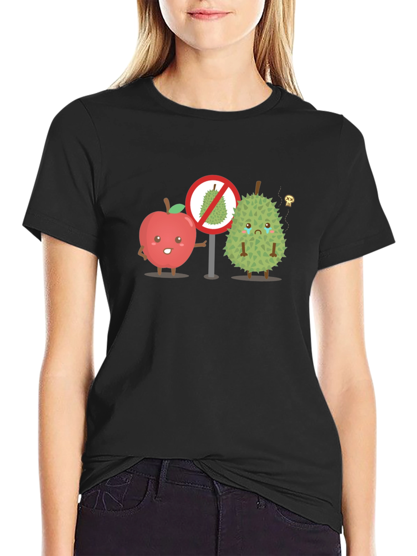 Black Funny Apple & Durian Graphic T-Shirt view 2